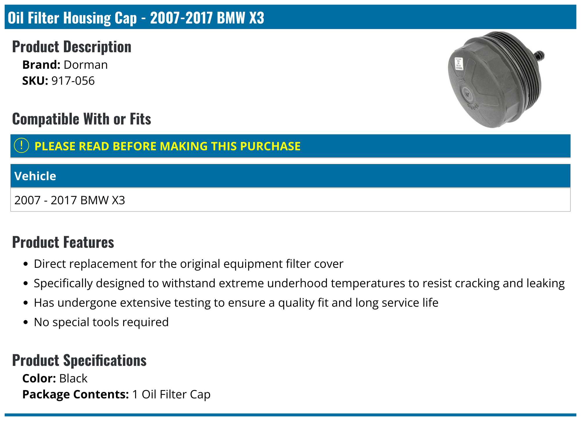 20072019 BMW X3 Oil Filter Housing Cap Dorman 917056