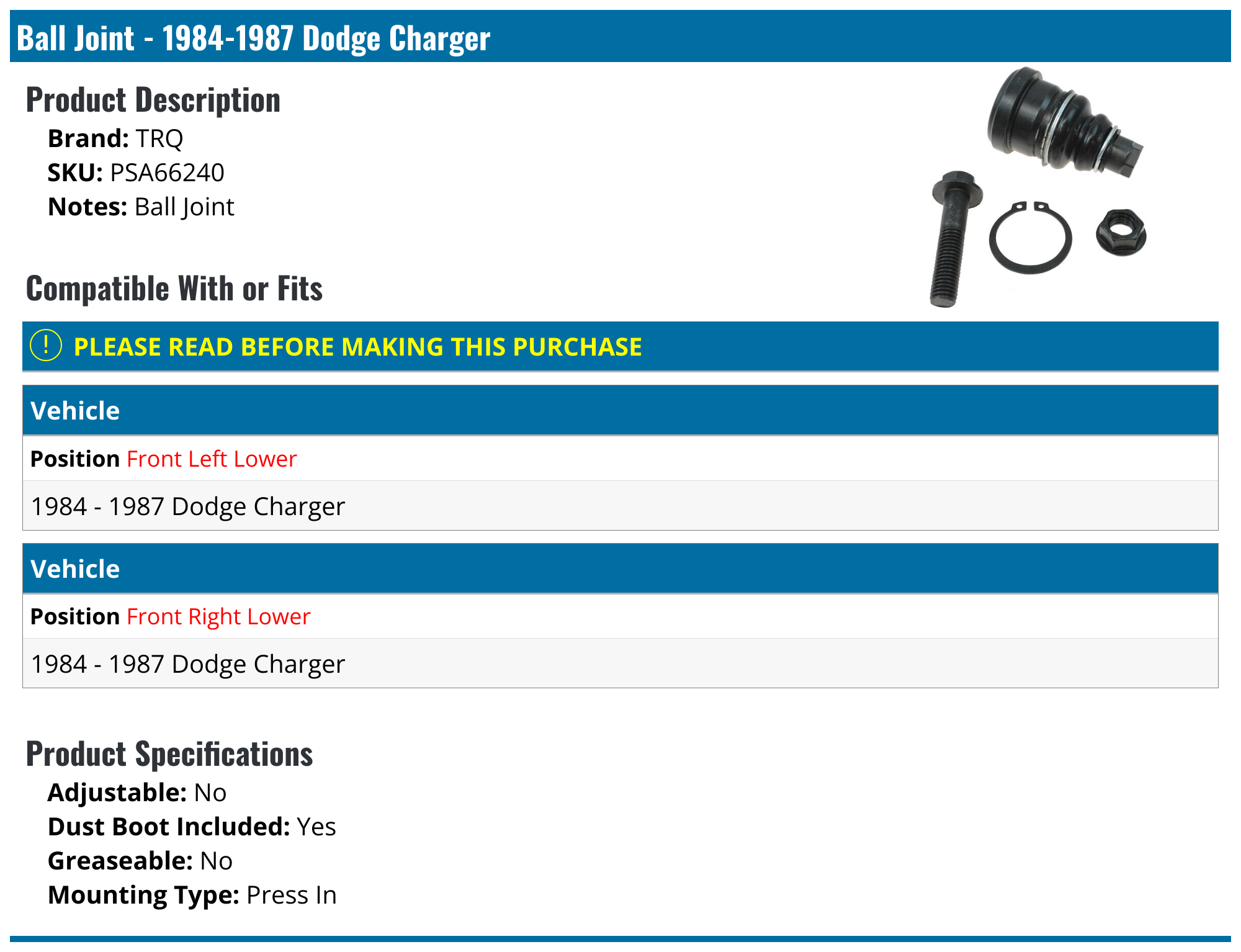 19841987 Dodge Charger Ball Joint TRQ PSA66240 Front Left Lower