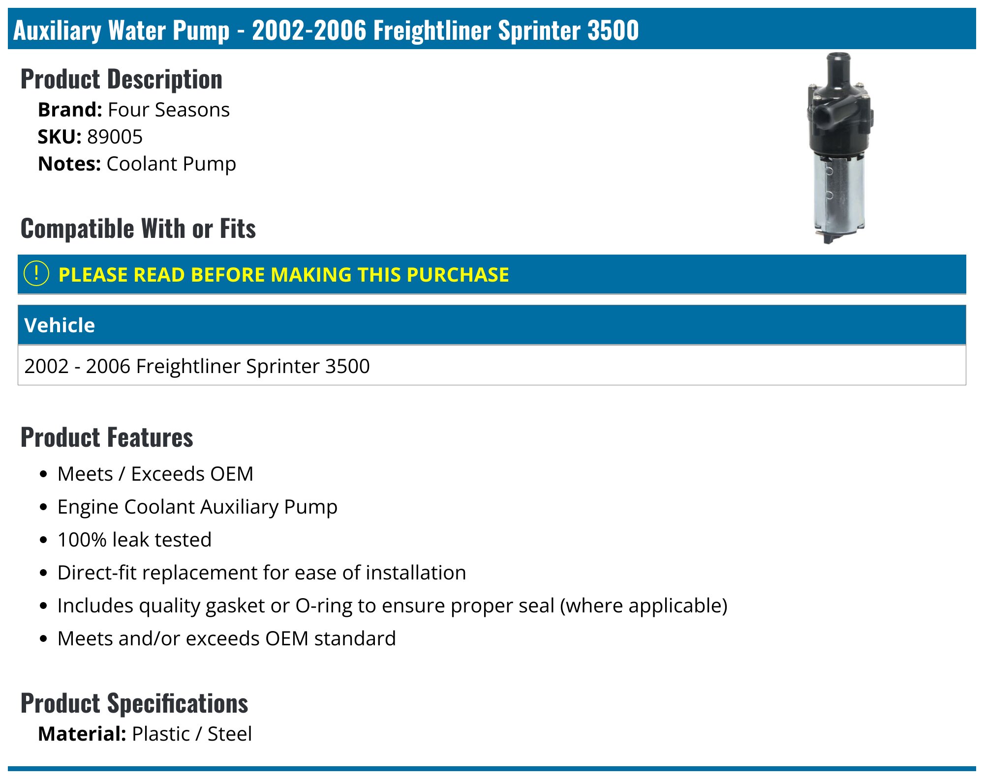 WATER PUMP FOR DODGE FREIGHTLINER MERCEDES BENZ SPRINTER 2500 3500 2.7L