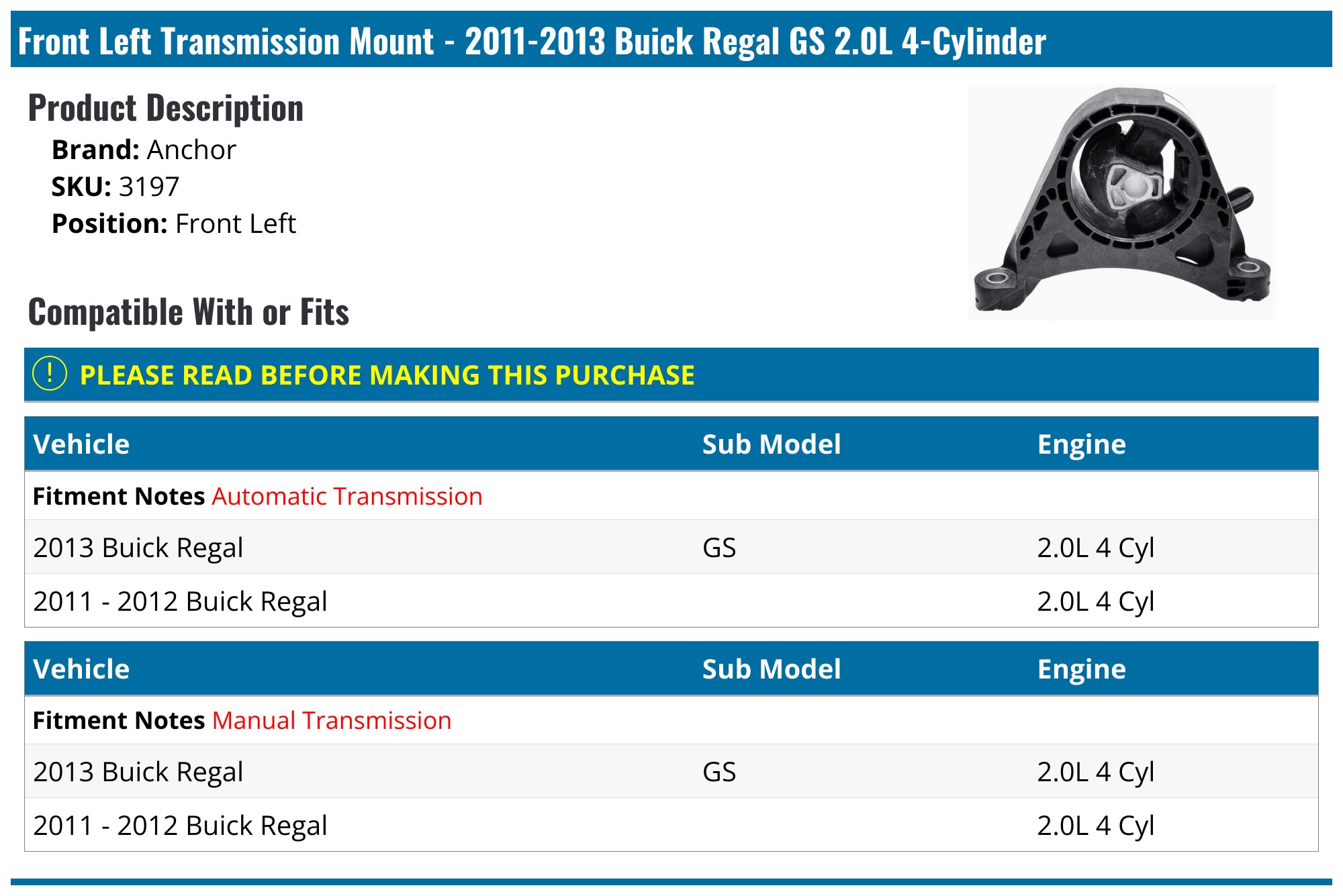 2011-2013 Buick Regal Transmission Mount - Anchor 3197 - Front Left ...