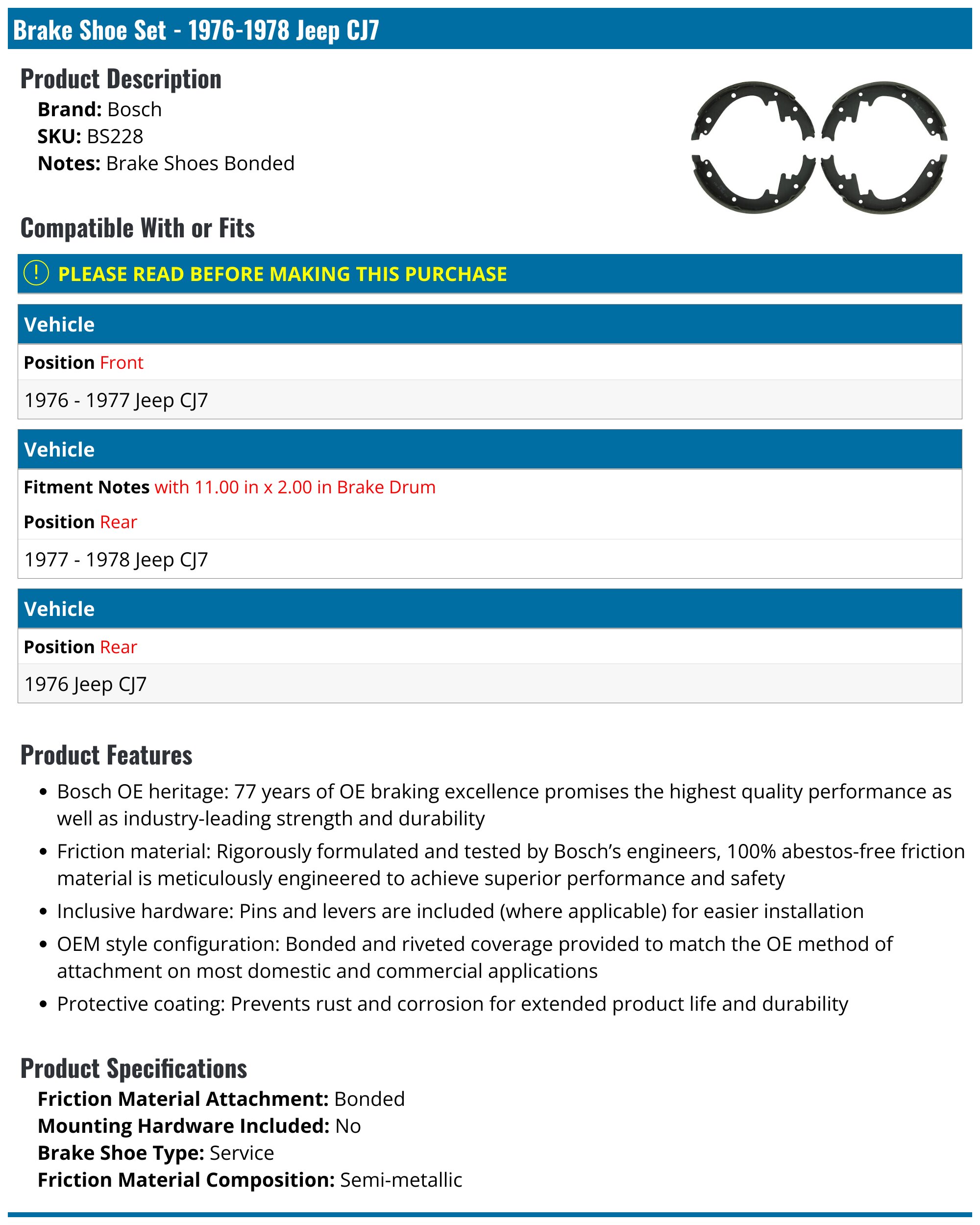 BOSCH BS228R Blue Drum Brake Shoe Set — Riveted, Asbestos-Free, For Classic Chevy, Ford, GMC, Jeep (1951-1978 Models)