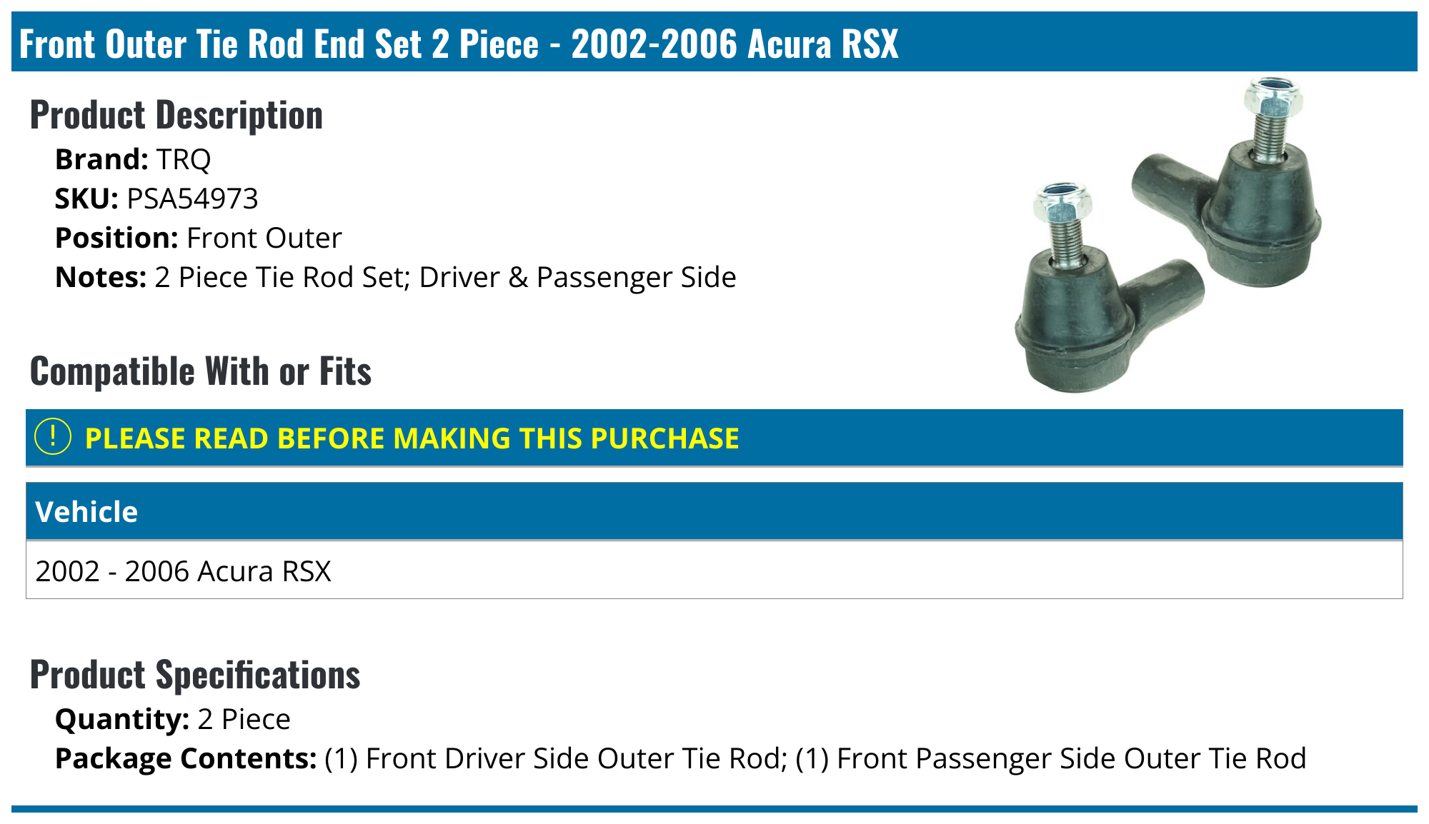20022006 Acura RSX Tie Rod End TRQ PSA54973 Front Outer