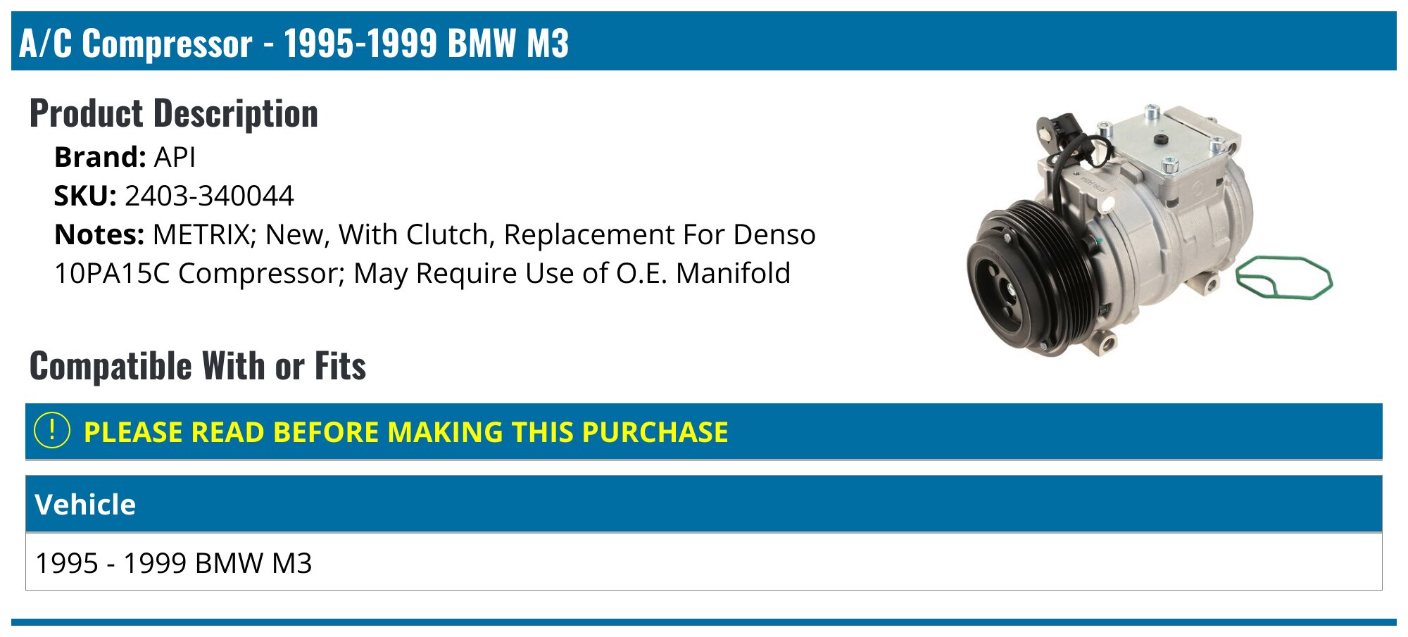 1995-1999 BMW M3 A/C Compressor - API 1167-02722504 - PartsGeek.com