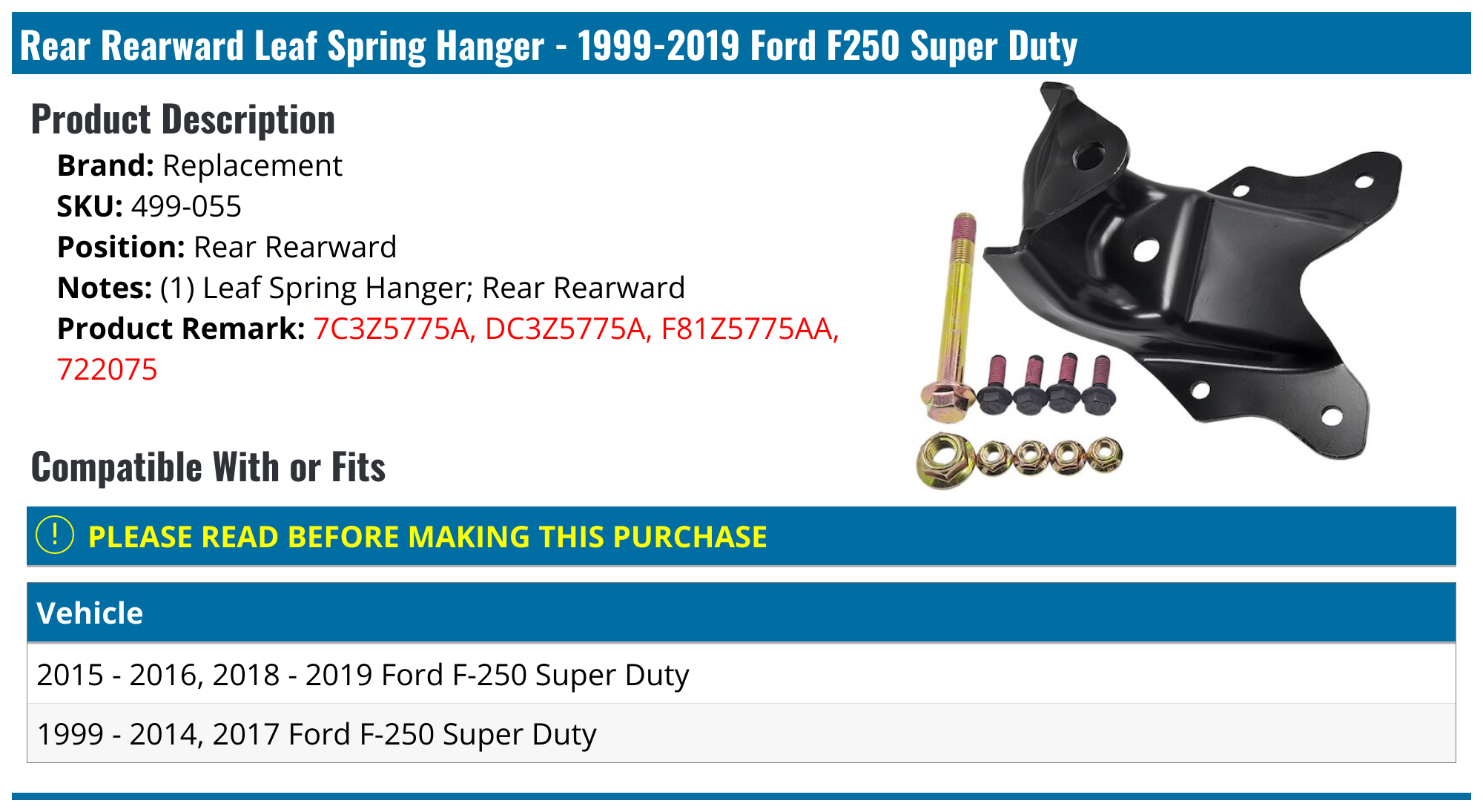 19992019 Ford F250 Super Duty Leaf Spring Hanger Replacement 499055 Rear Rearward