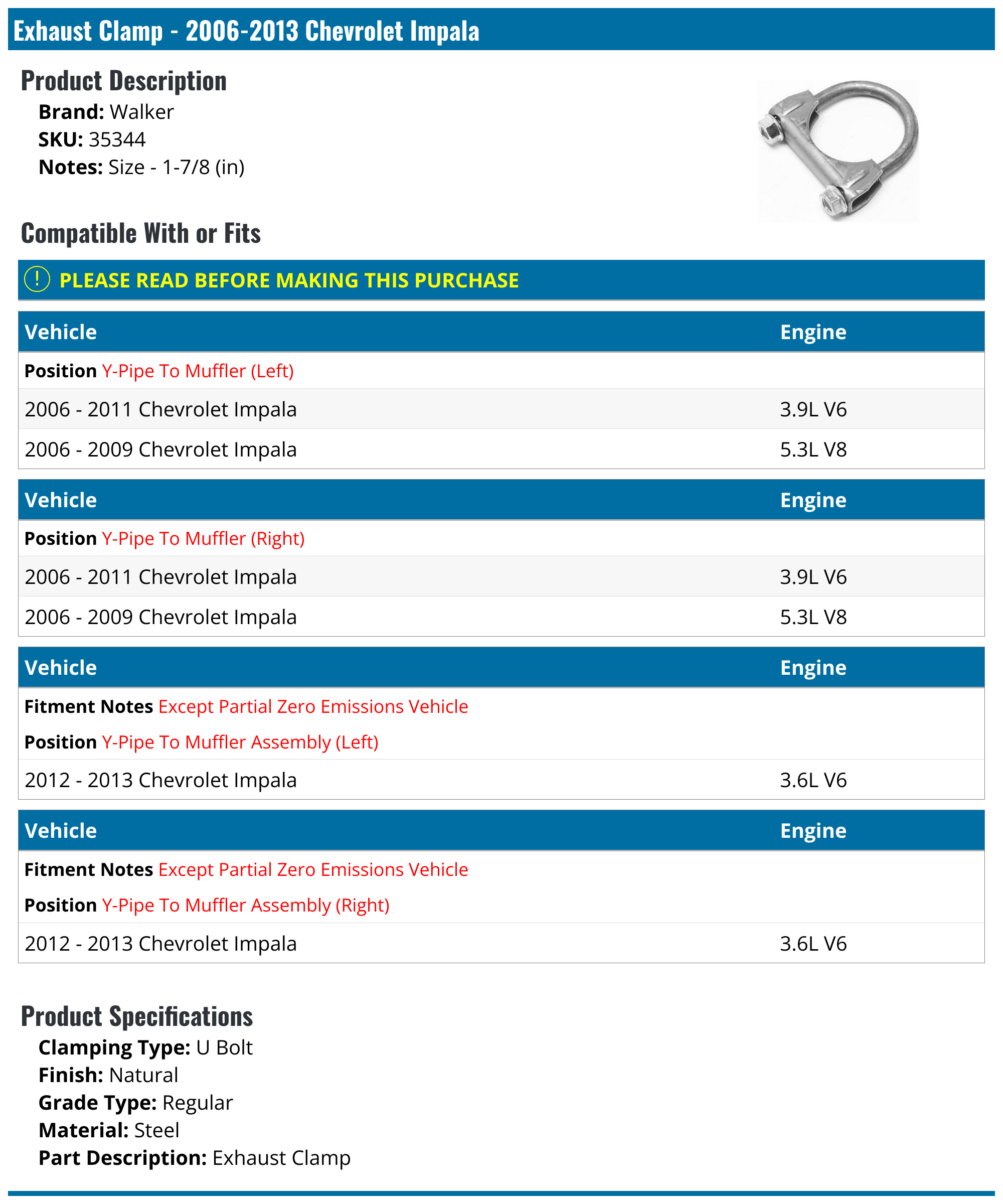 20062013 Chevrolet Impala Exhaust Clamp Walker 35344 YPipe To