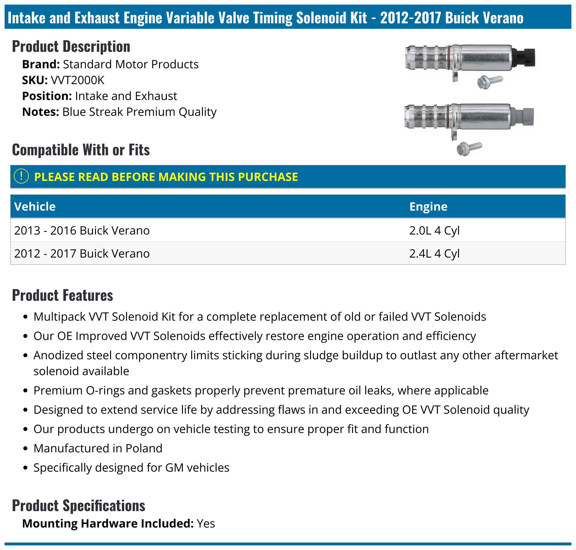 Mpulse Intake Engine Variable Valve Timing (VVT) Solenoid SEN-2VTS0011