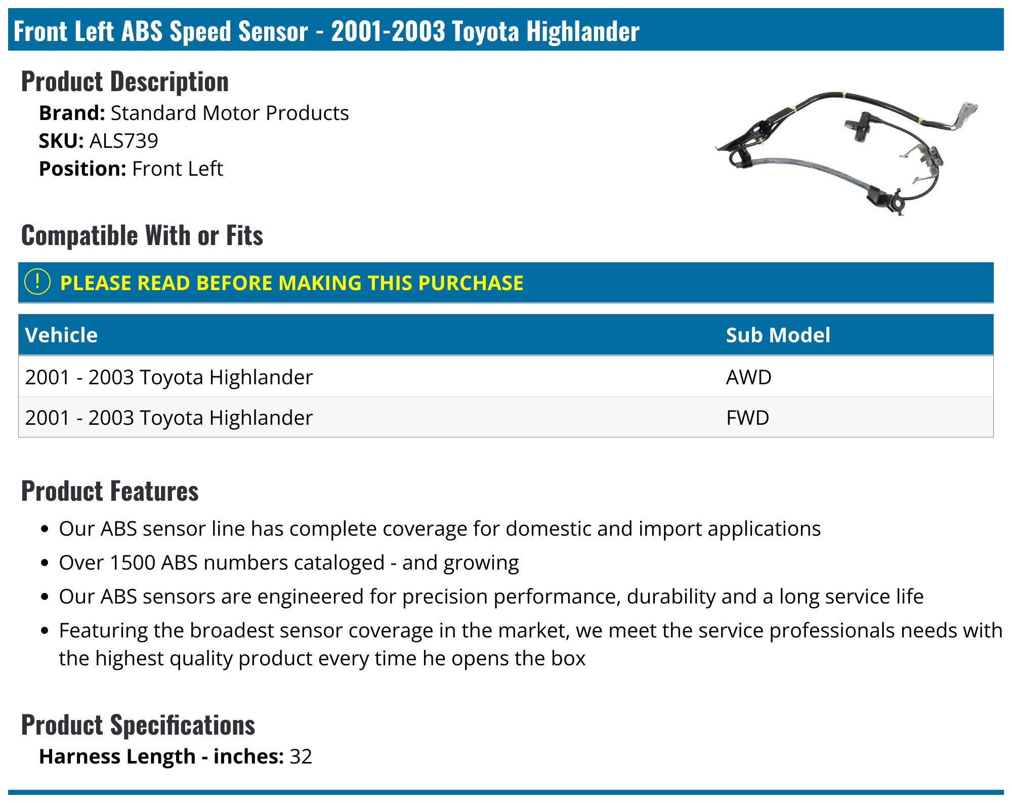 C-HORSE Front Left & Right ABS Wheel Speed Sensor Pair For Toyota Highlander 2001-2003