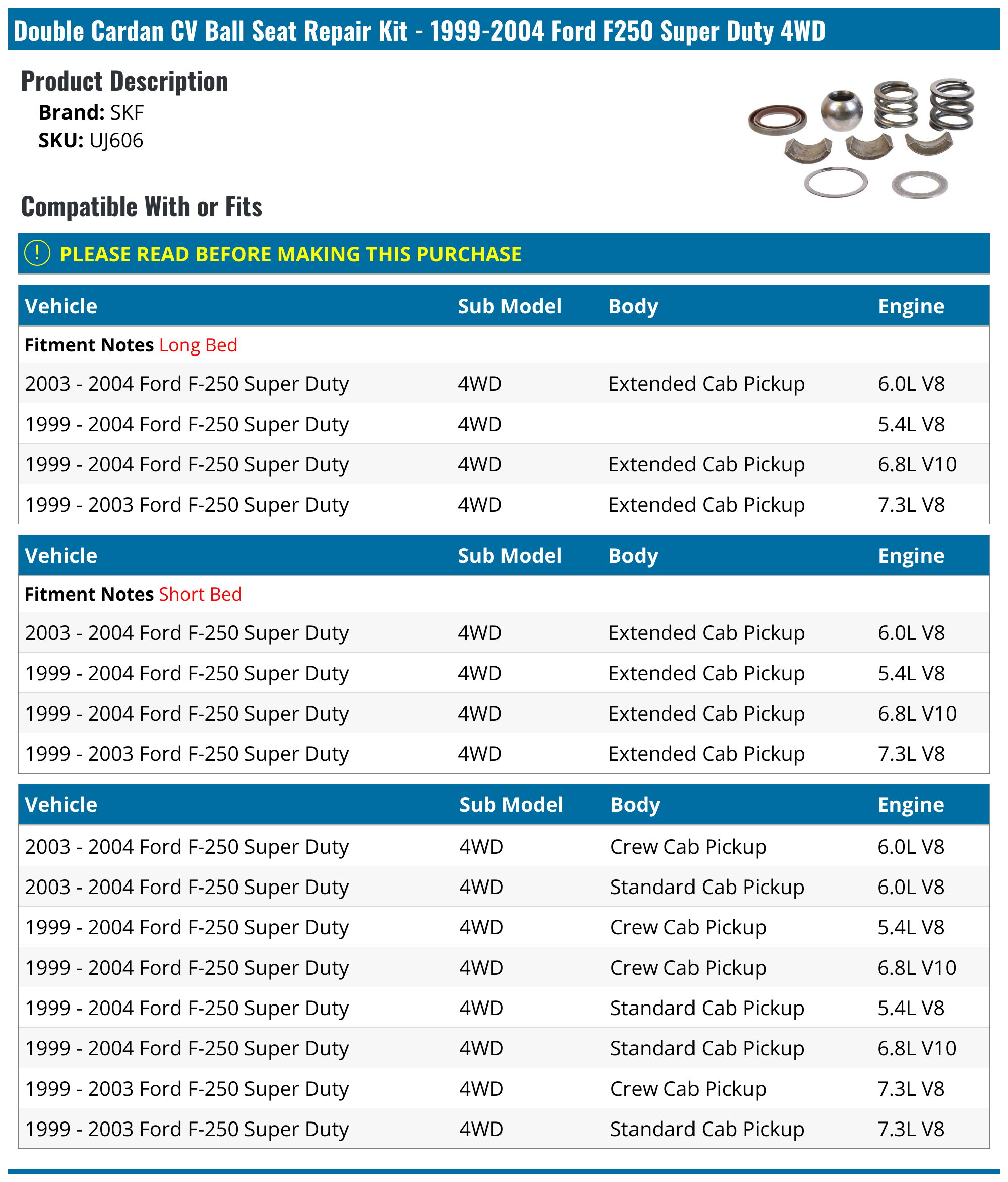 19992004 Ford F250 Super Duty Double Cardan CV Ball Seat Repair Kit