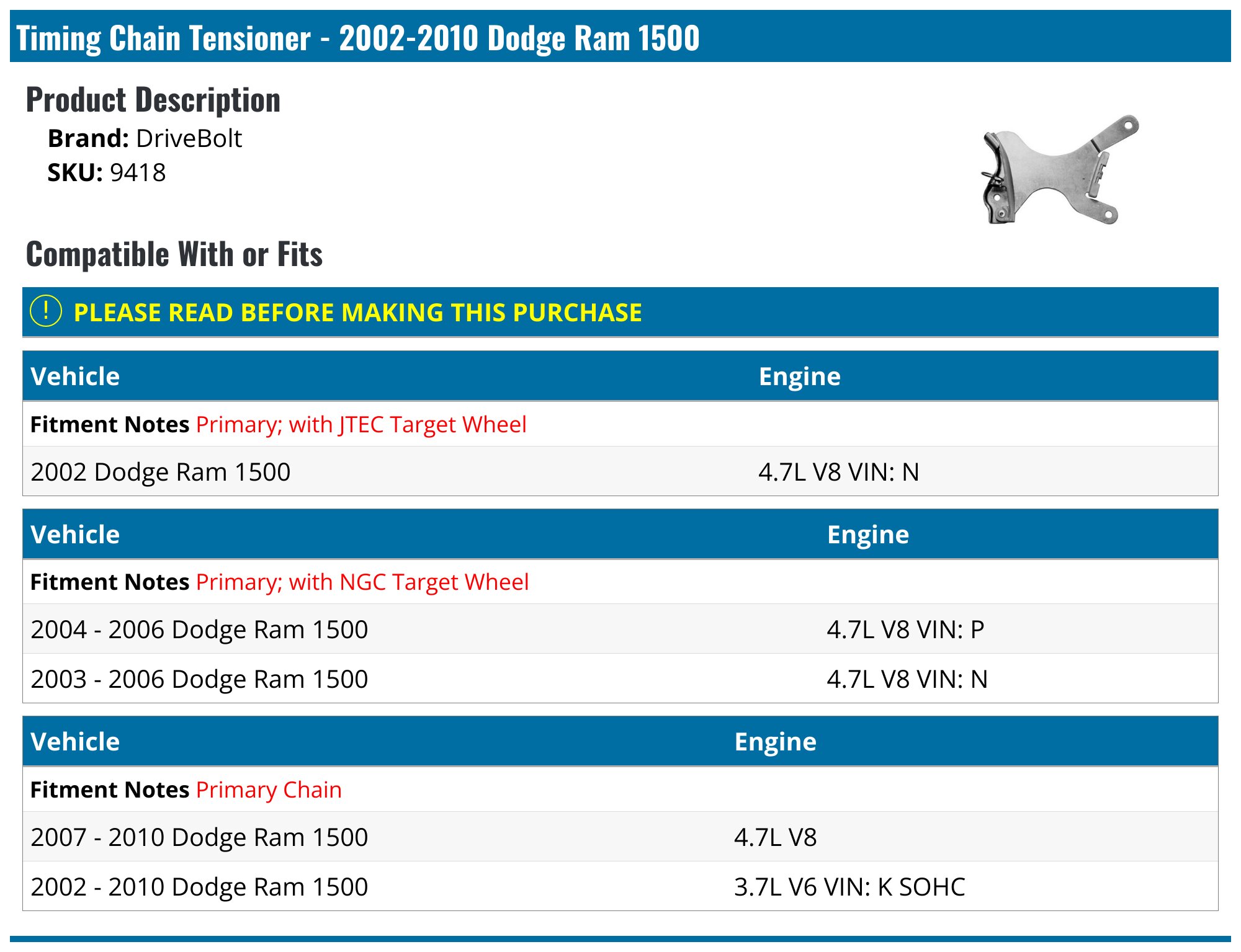 20022010 Dodge Ram 1500 Timing Chain Tensioner DriveBolt 9418