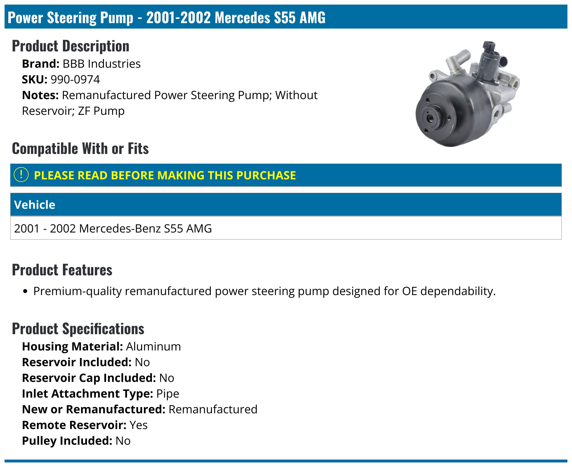 Power Steering Pump For Mercedes Benz S Class S430 S500 S55 AMG 0024669701 00246