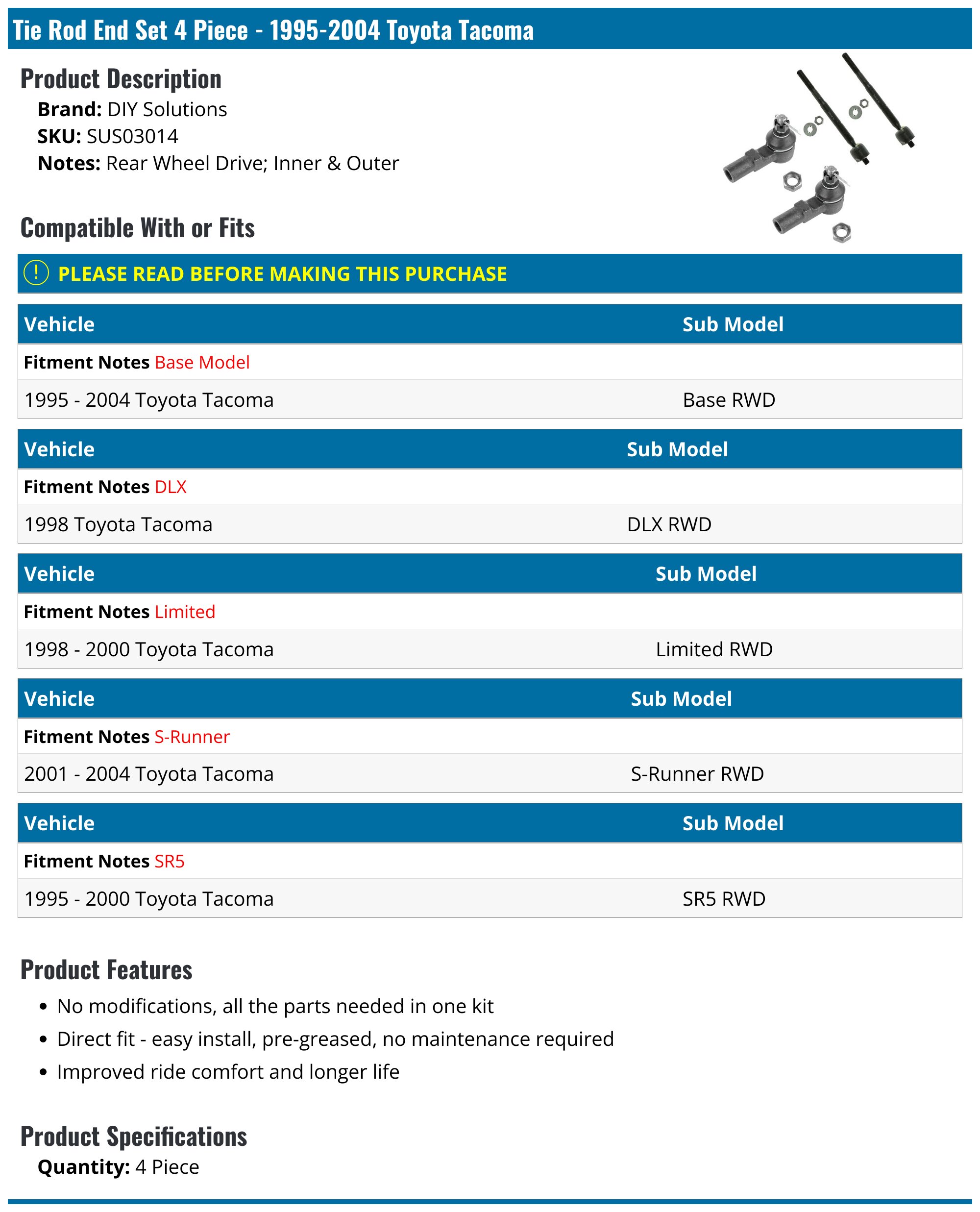 19952004 Toyota Tie Rod End DIY Solutions SUS03014
