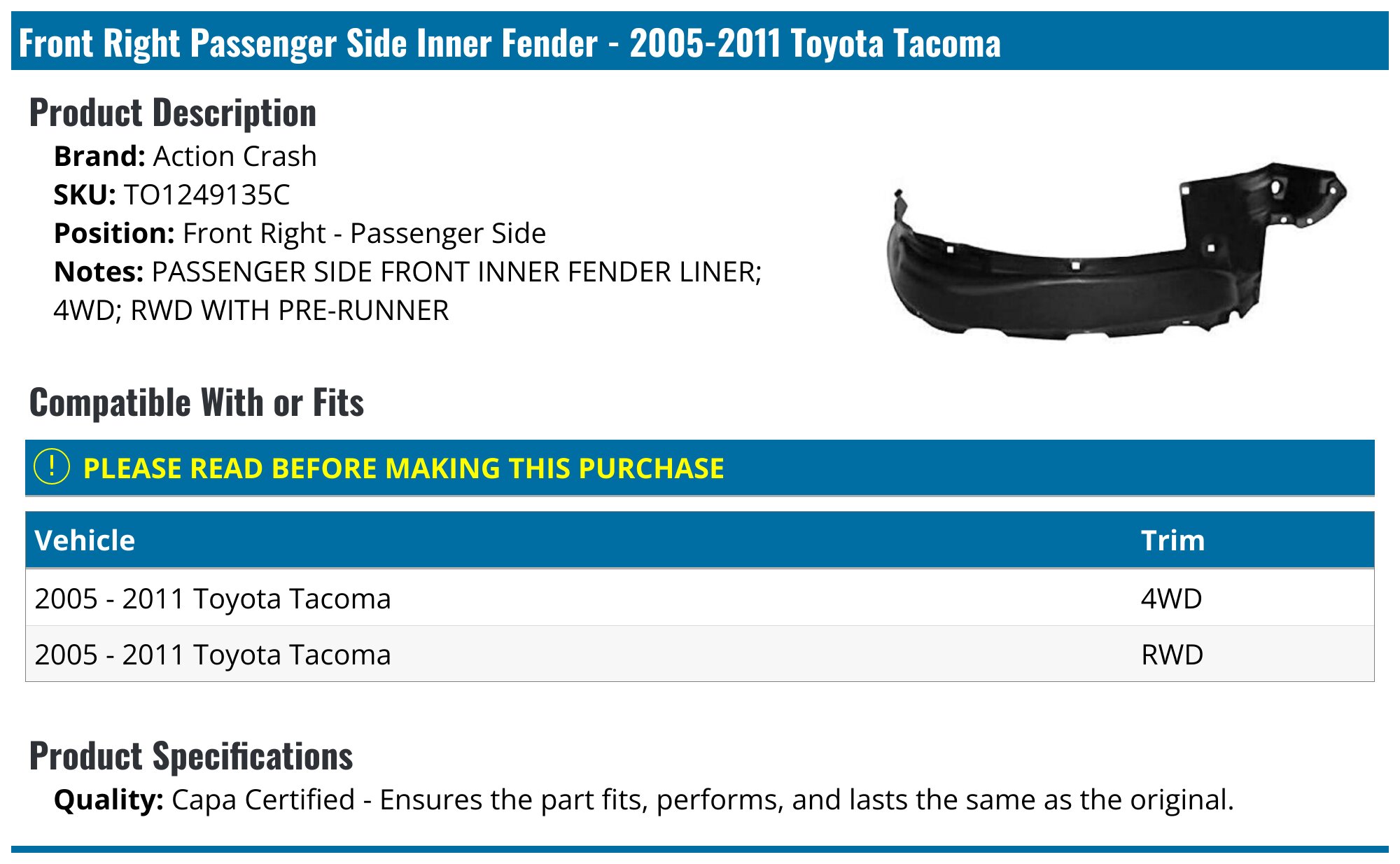 Evan-Fischer Front Fender Liner Set For Toyota Tacoma 2005-2015 – Pair (Left & Right) – Direct Fit, 30-Day Return
