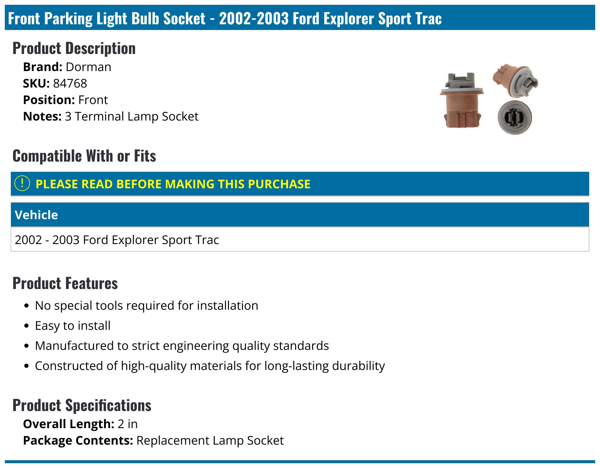 Dorman 84768 3-Terminal Lamp Socket – Front Or Rear Bulb Socket Replacement (Female, Plastic)