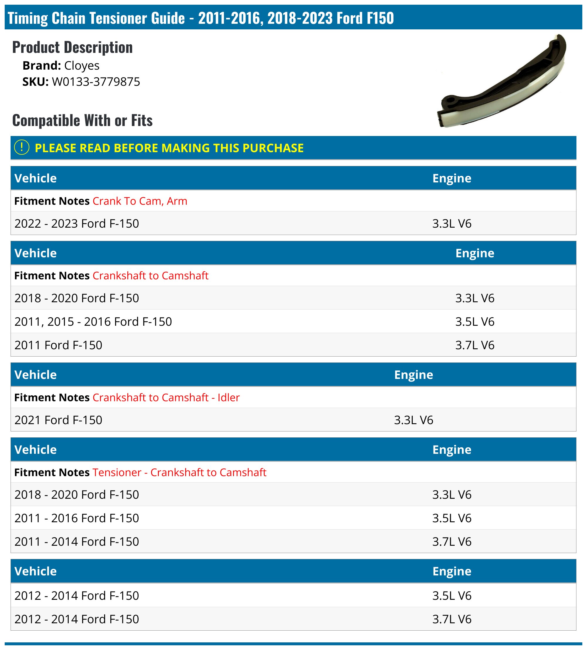20112016, 20182023 Ford F150 Timing Chain Tensioner Guide Cloyes