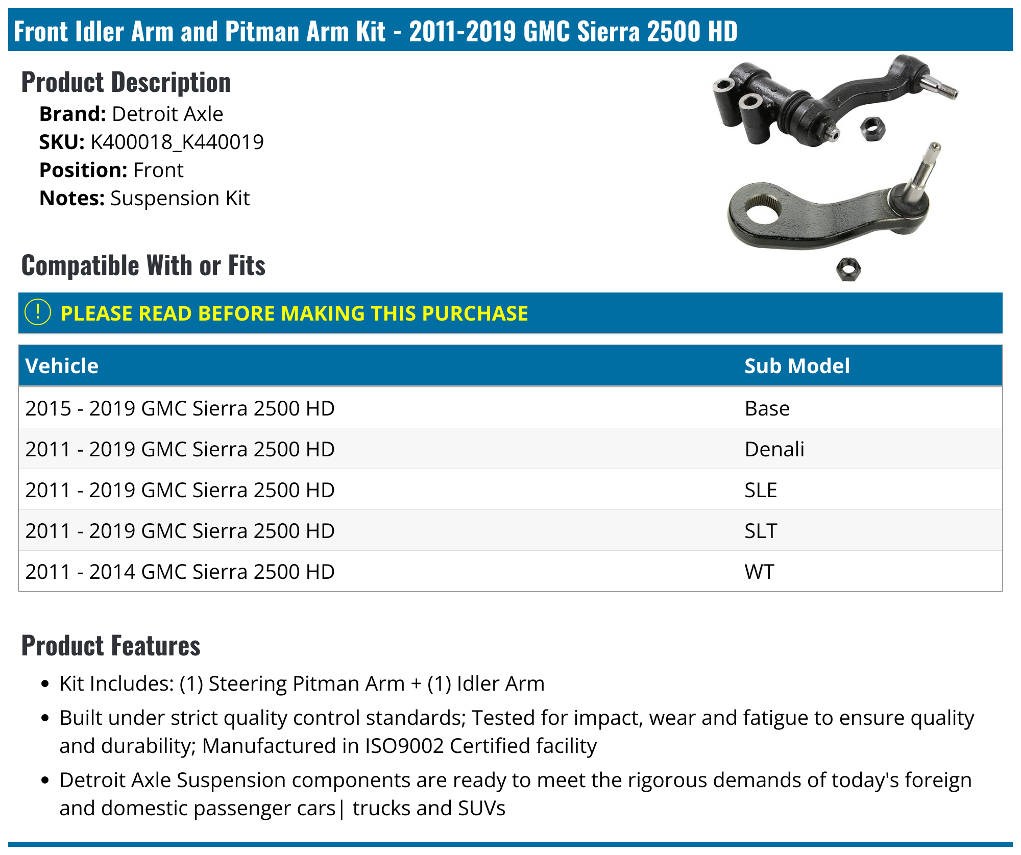 20112019 GMC Sierra 2500 HD Idler Arm Detroit Axle K400018_K440019
