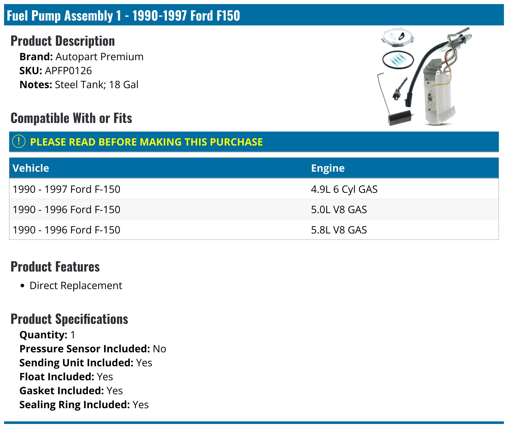 Carter OE Fuel Pump For Ford F100-F350, F500, M450 W/ 360, 390, 330, 361 Engines – 5.5-6.5 PSI