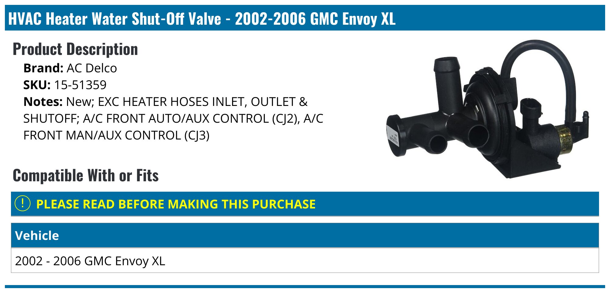 Genuine OEM Chevy Tahoe HVAC Heater Water Shut-Off Valve ACDelco GM 12380318