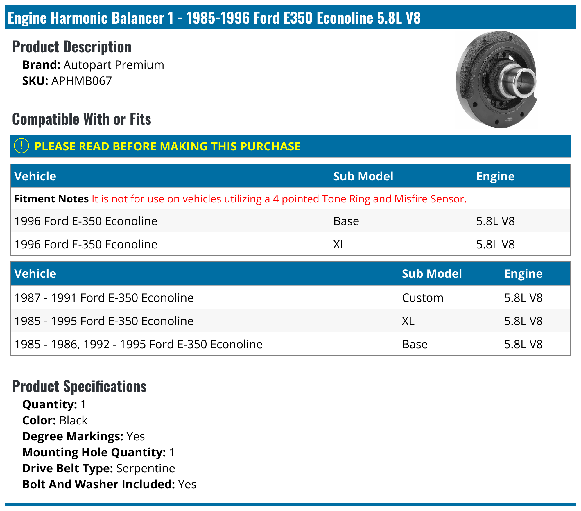 19851996 Ford E350 Econoline Engine Harmonic Balancer Autopart