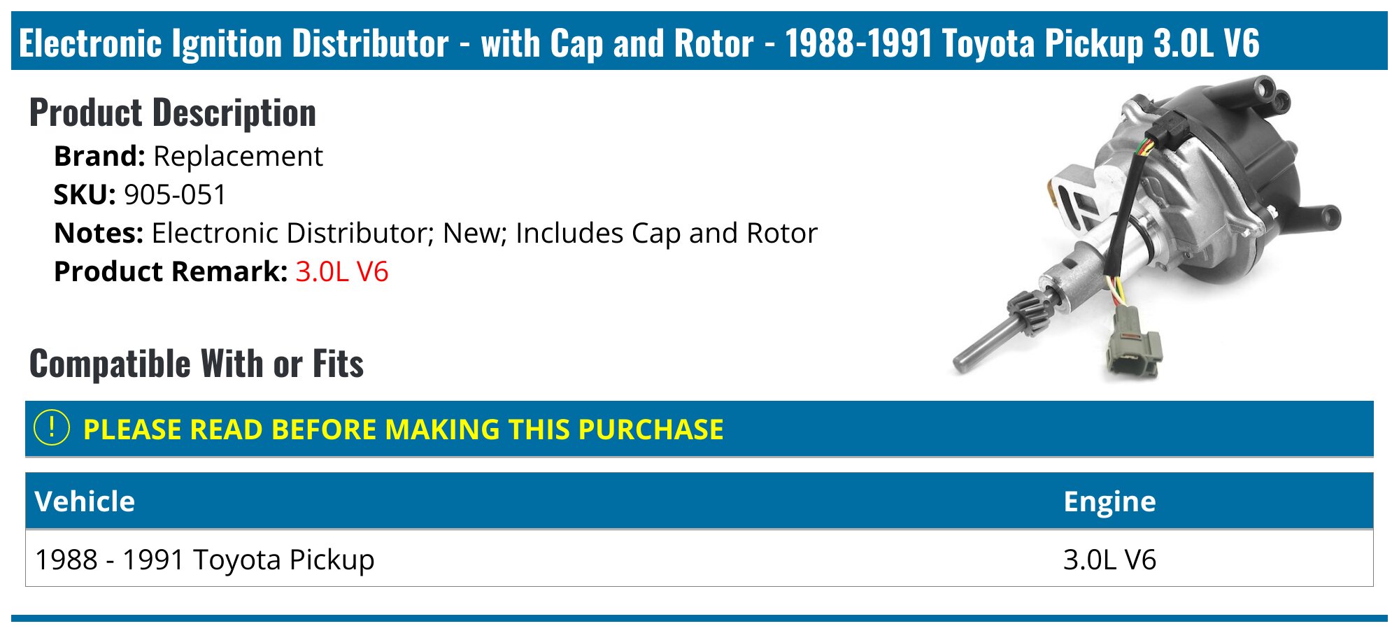 1988-1991 Toyota Pickup Ignition Distributor - Replacement 905-051 ...