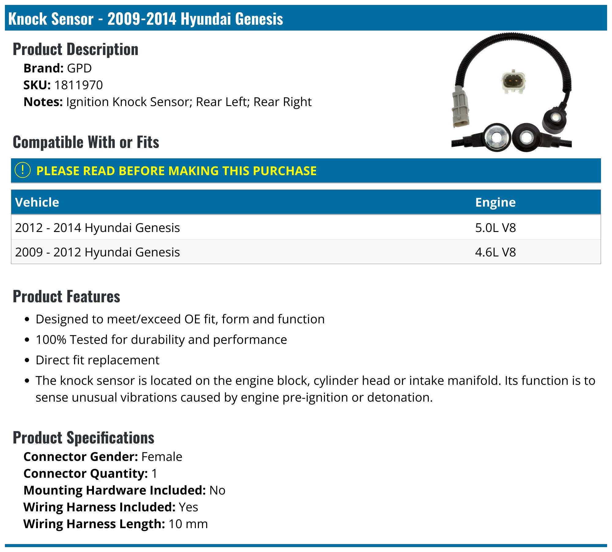 2009-2014 Hyundai Genesis Knock Sensor - GPD 1811970 - Rear Right ...