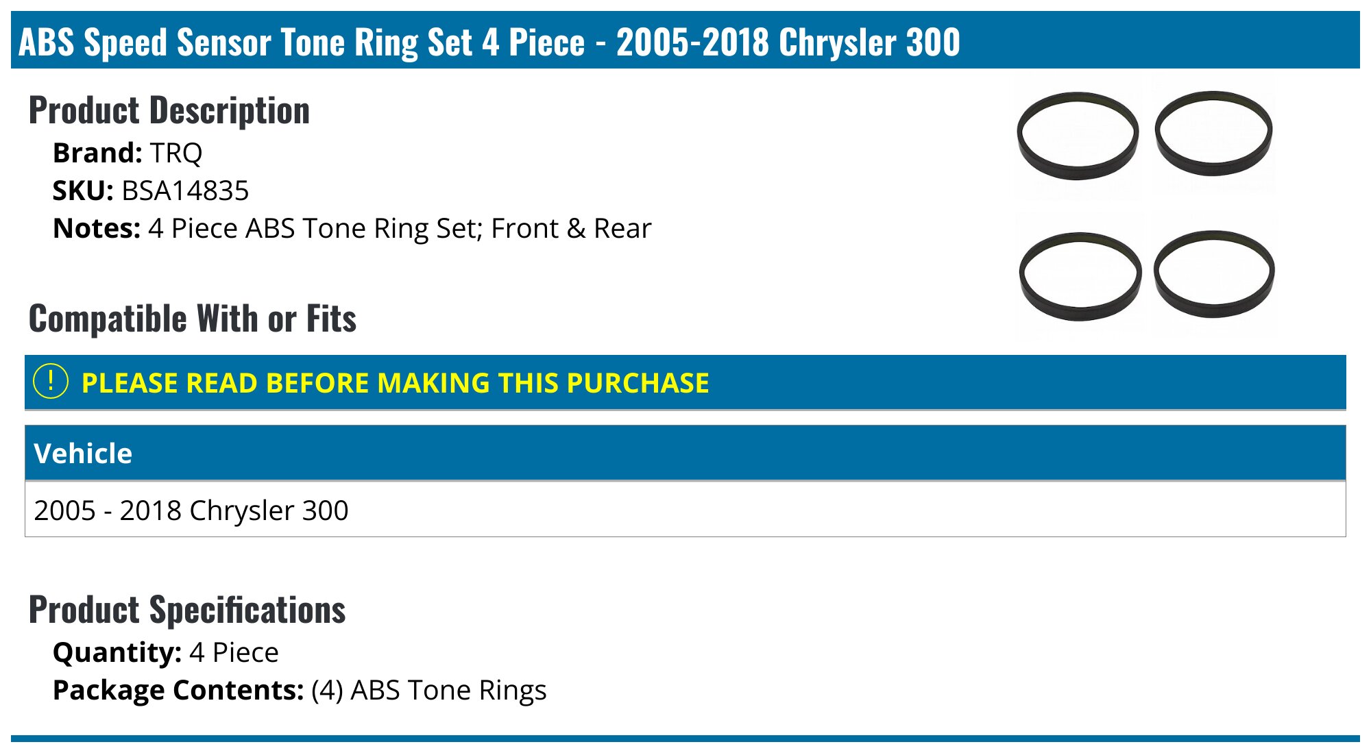 TRQ ABS Speed Sensor Tone Ring Set For Chrysler 300 – 2005-2017, Front Or Rear, 22968YV, 12mo Warranty