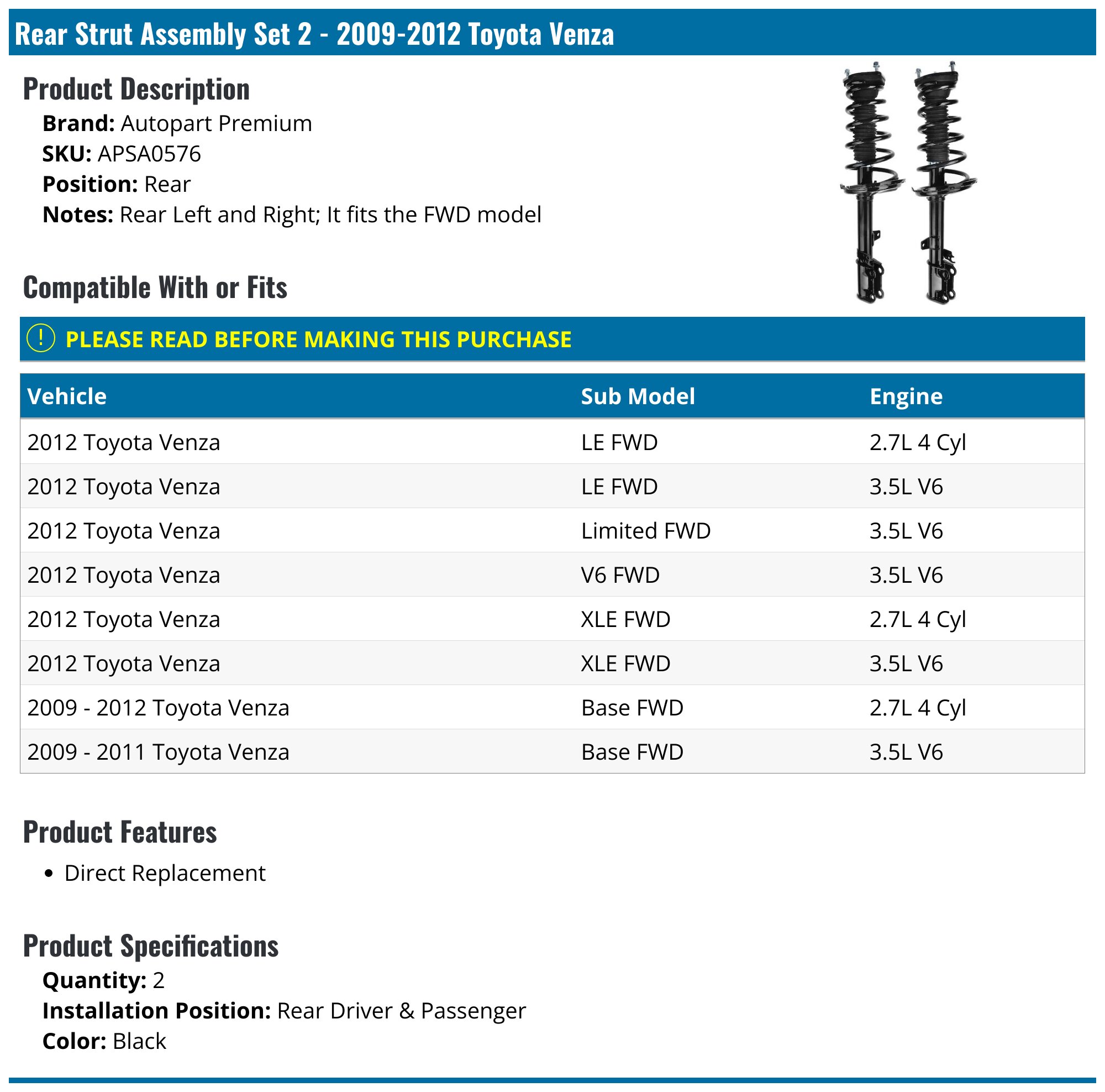 PM Auto Set Of 4 Front & Rear Suspension Strut Assemblies For 2009-2012 Toyota Venza FWD – Complete Strut Set