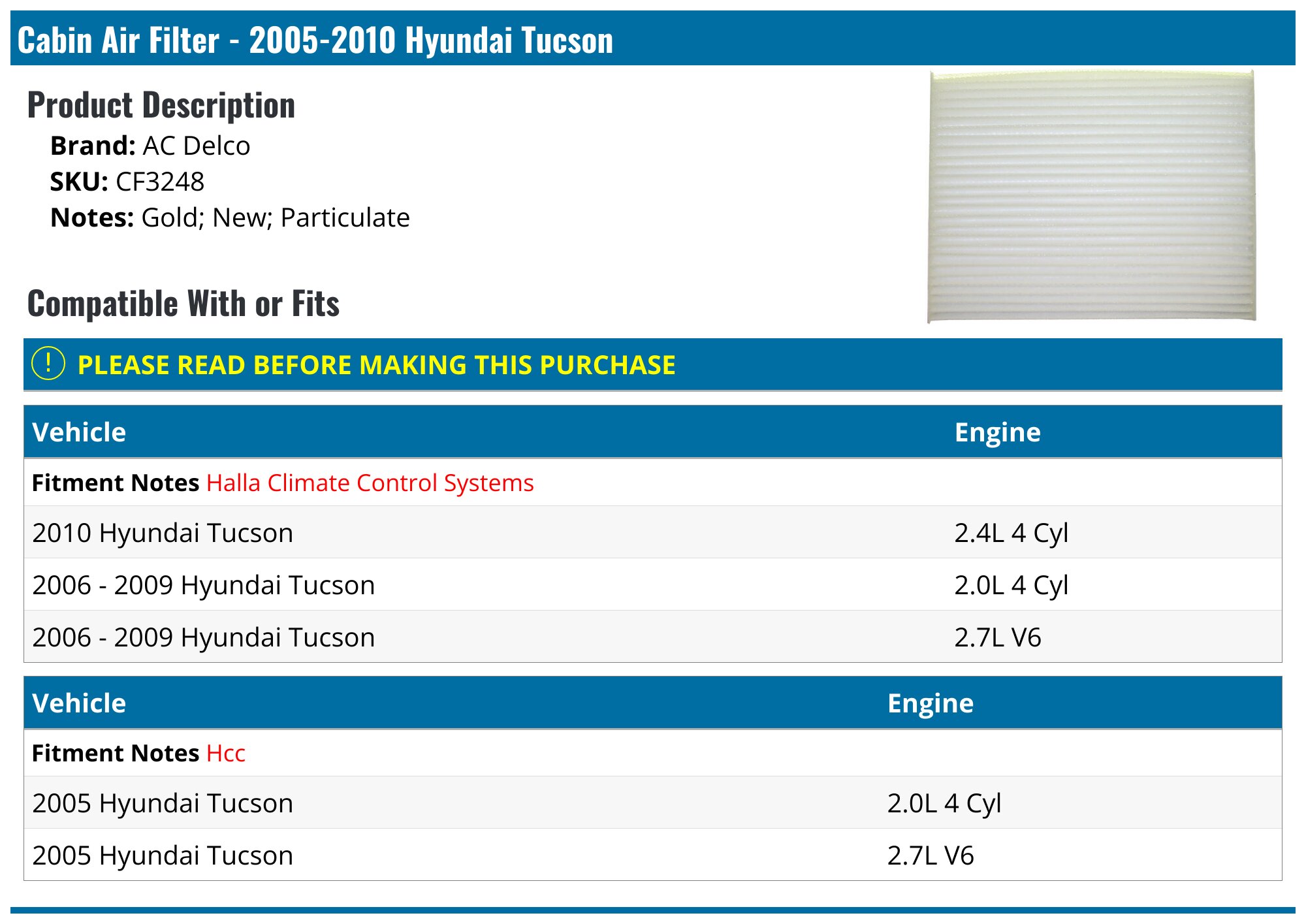 2005-2010, 2022-2024 Hyundai Tucson Cabin Air Filter - AC Delco CF3248 ...