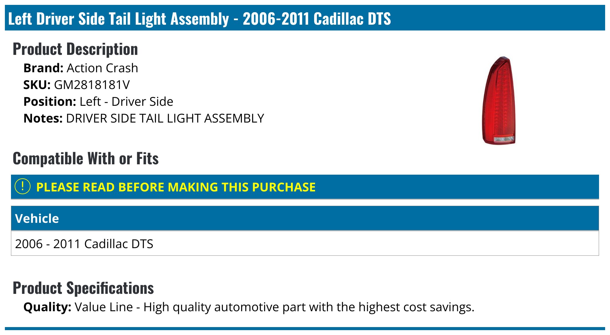 Evan-Fischer Pair Of Tail Lights For 2006-2011 Cadillac DTS - LH & RH With Bulbs