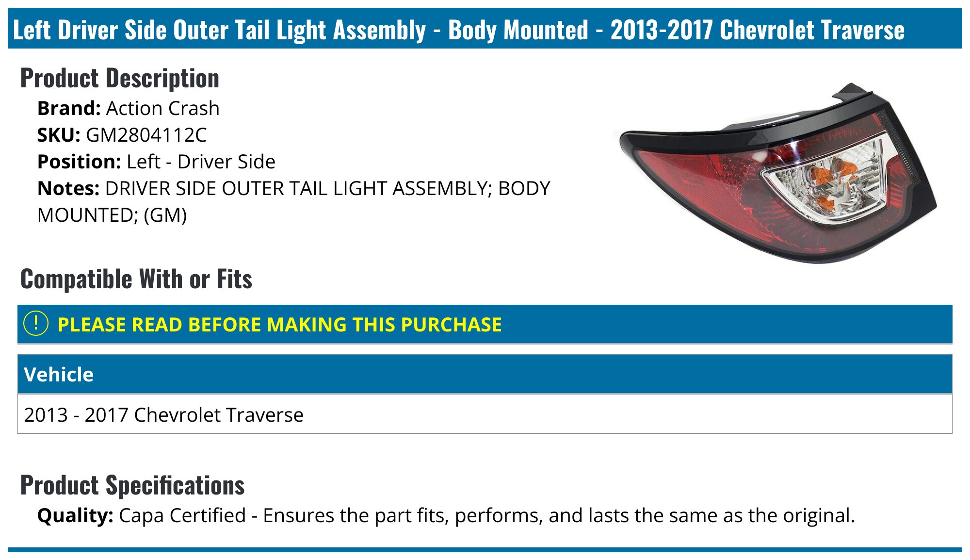 Feu Arrière Côté Gauche Compatible Avec Ford Fusion 2010 2011 2012