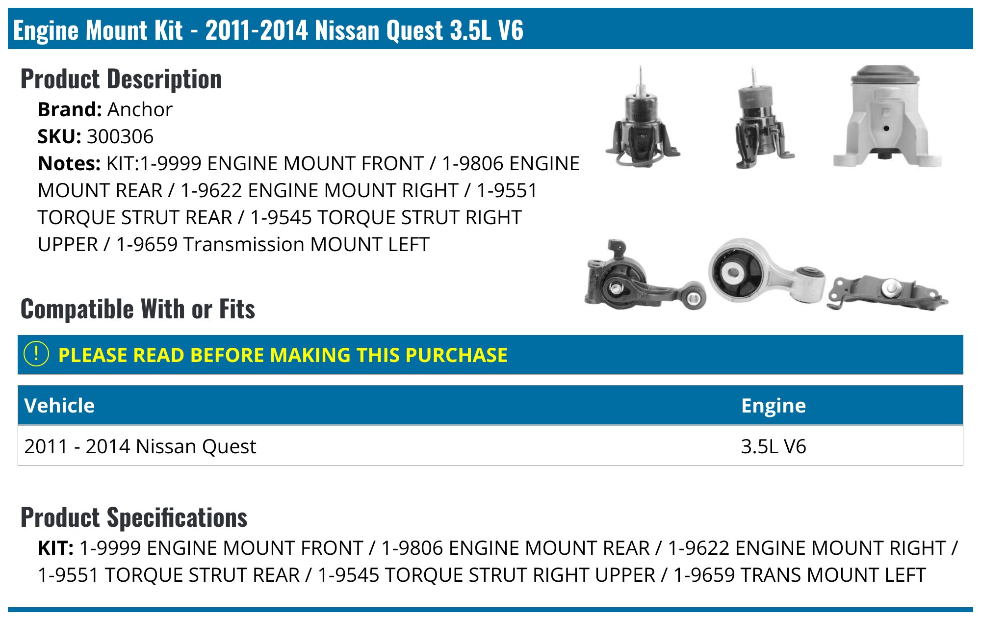 2009-2014, 2016-2023 Nissan Maxima Engine Mount - SKP SKM9808 - Front