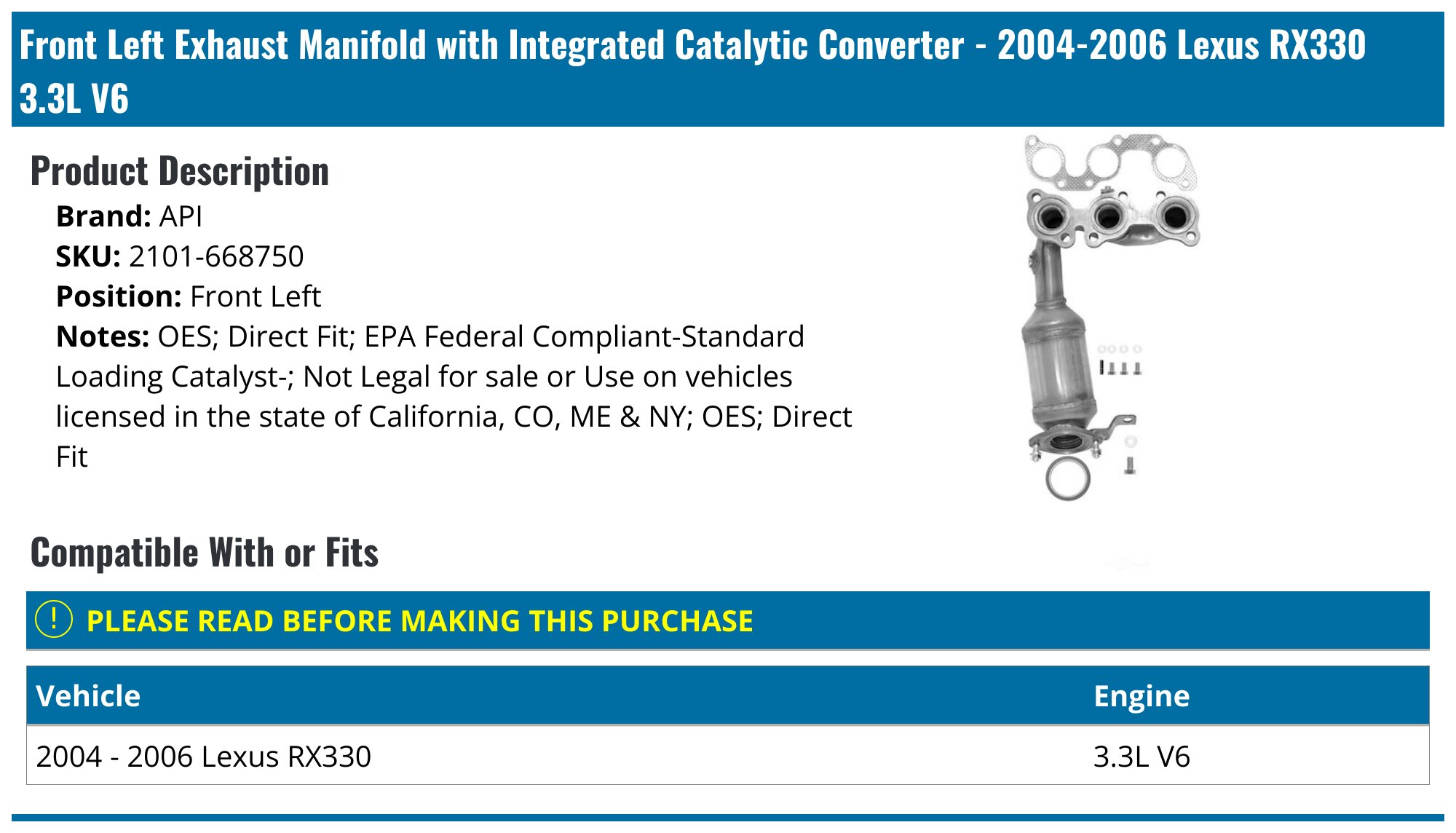 QE EPA Approved Catalytic Converter For Lexus RX330 3.3L (2004-2006) - Direct Fit