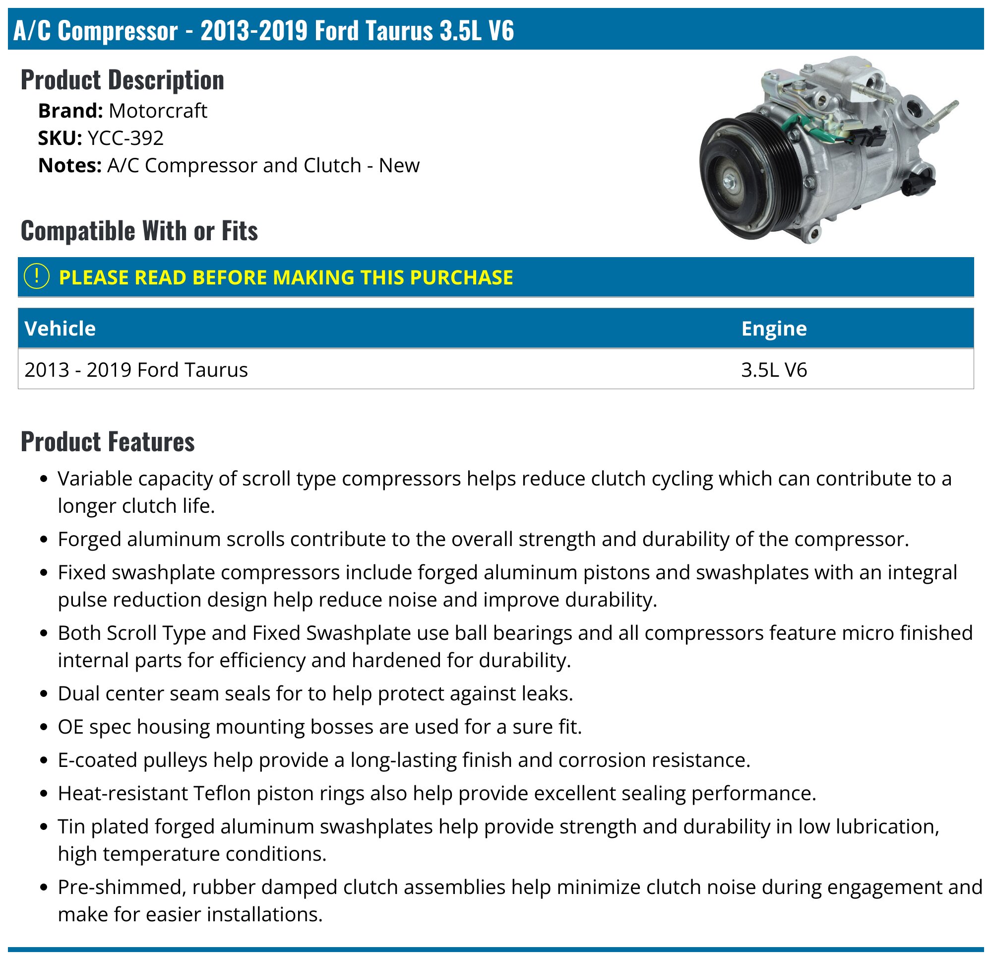 2013-2019 Ford Taurus A/C Compressor - Motorcraft YCC-392 - PartsGeek.com