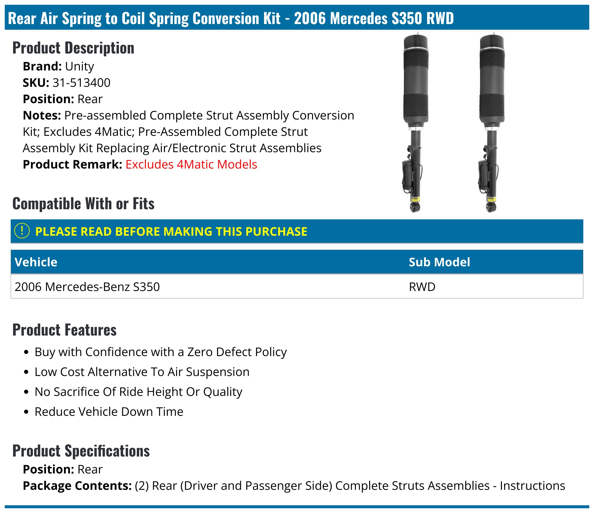 2006 Mercedes S350 Air Spring to Coil Spring Conversion Kit - Unity 31 ...