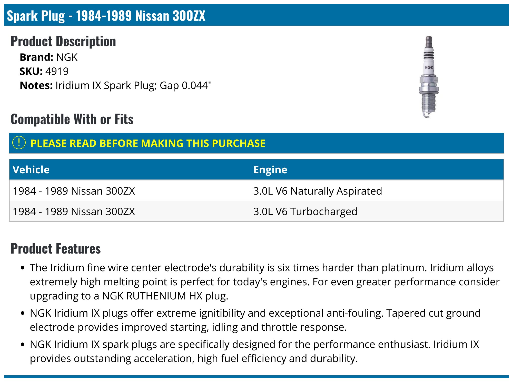 1984-1989 Nissan 300ZX Spark Plug - NGK 4919 - PartsGeek.com