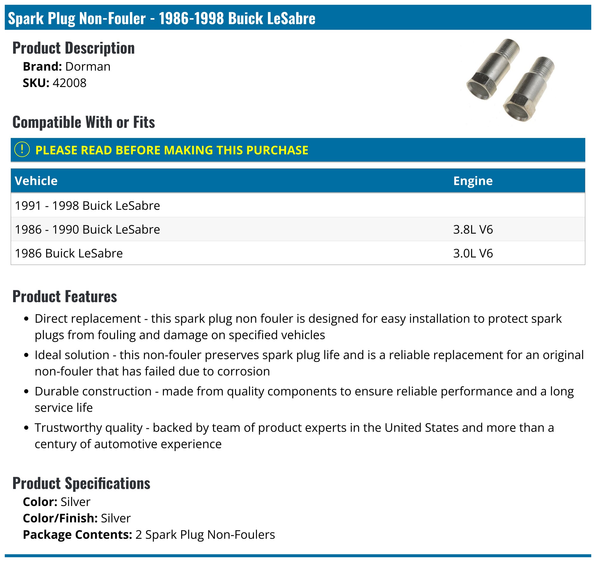 19861998 Buick LeSabre Spark Plug NonFouler Dorman 42008