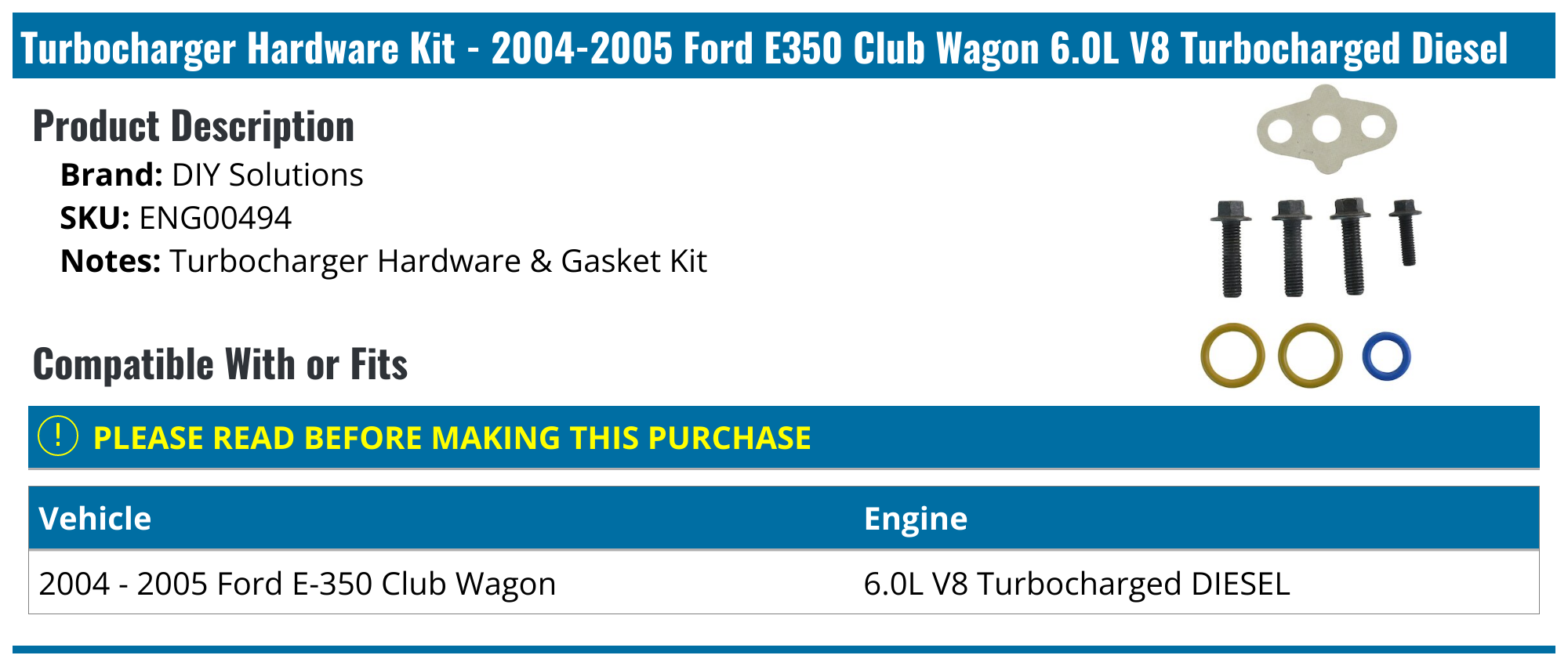 20042005 Ford E350 Club Wagon Turbocharger Hardware Kit DIY