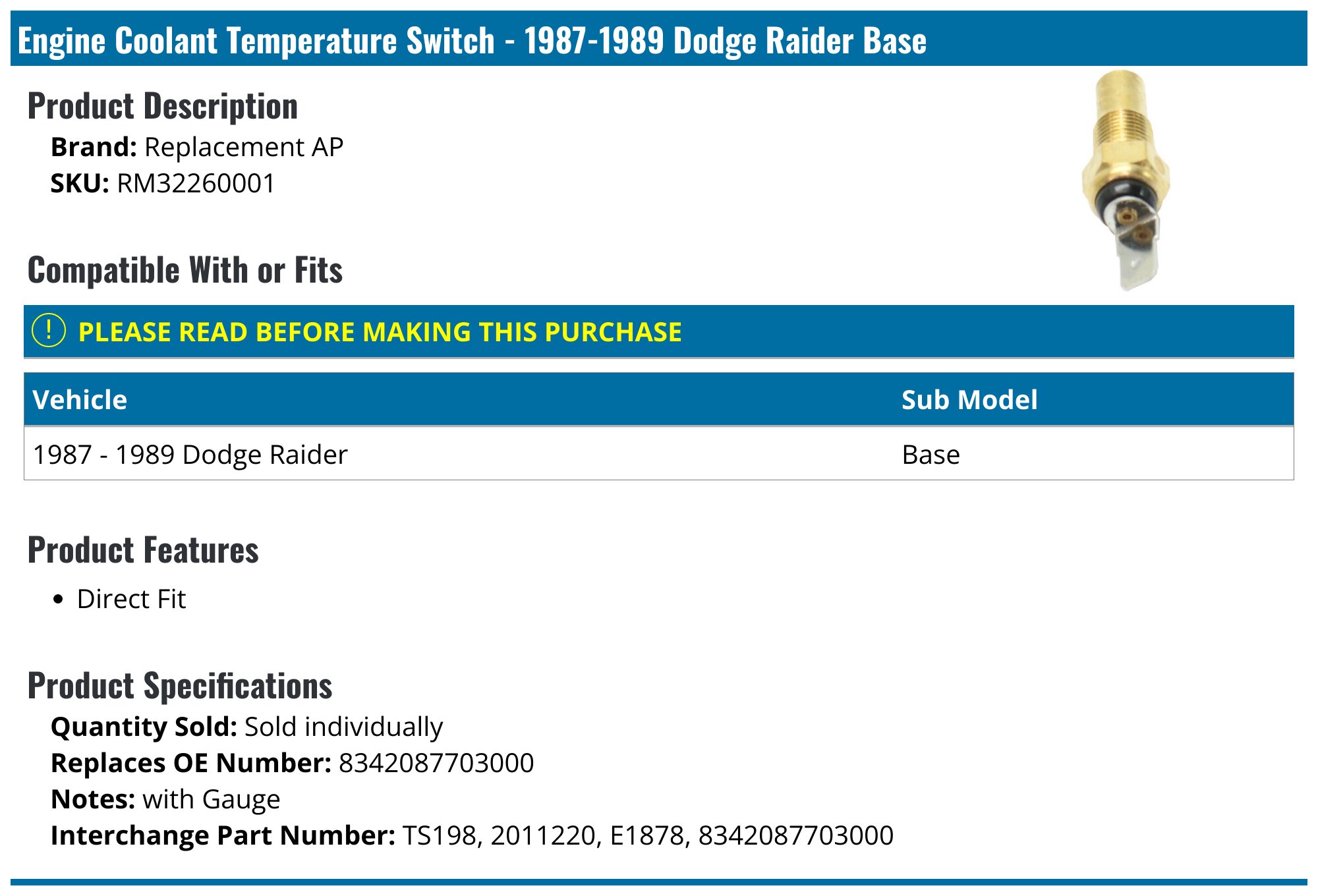 1987-1989 Dodge Raider Coolant Temperature Sensor - Replacement AP ...