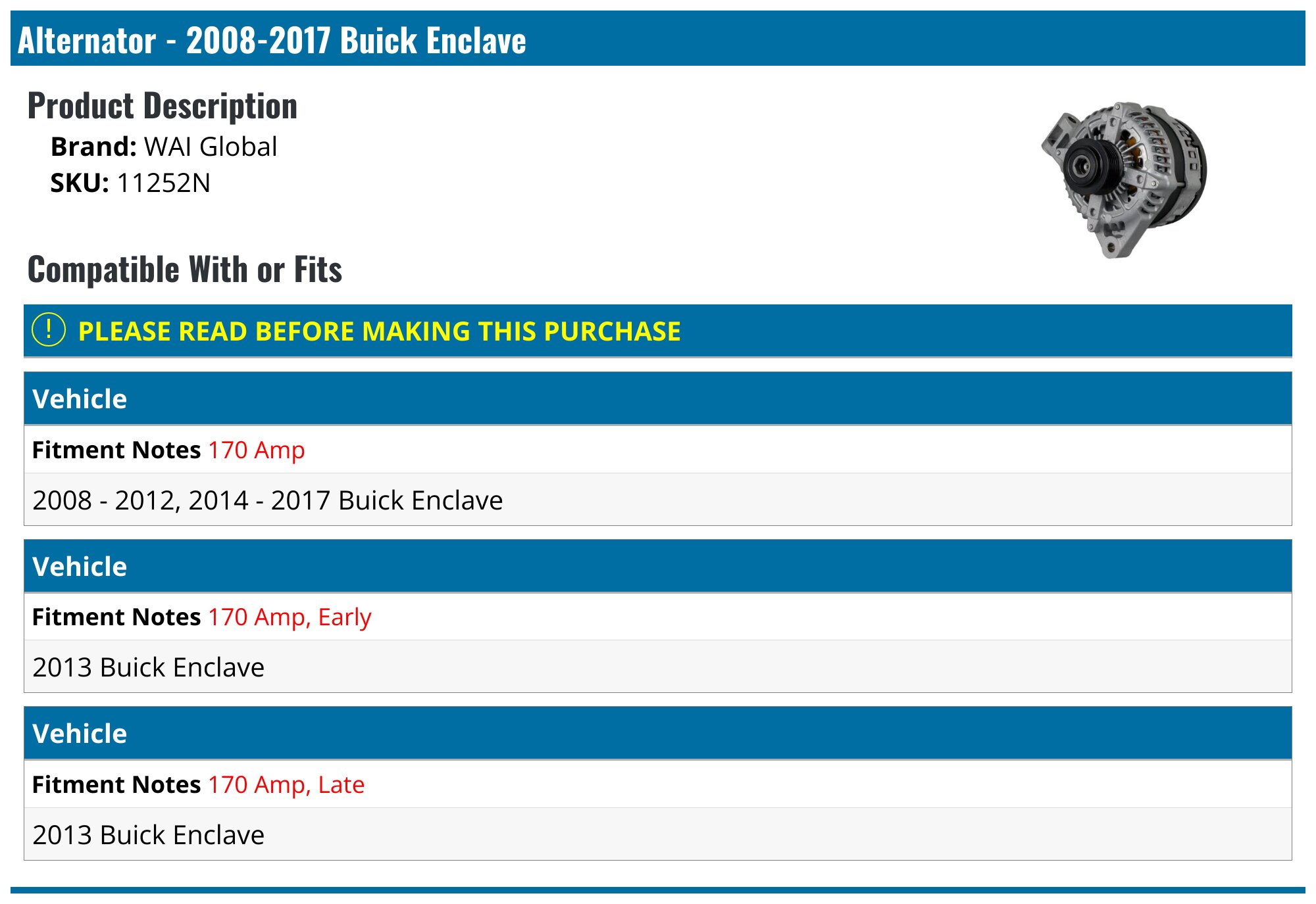 170A Alternator For Buick Enclave Chevy GMC Saturn 3.6L V6 2007-2017 12V CW 6-Groove Clutch