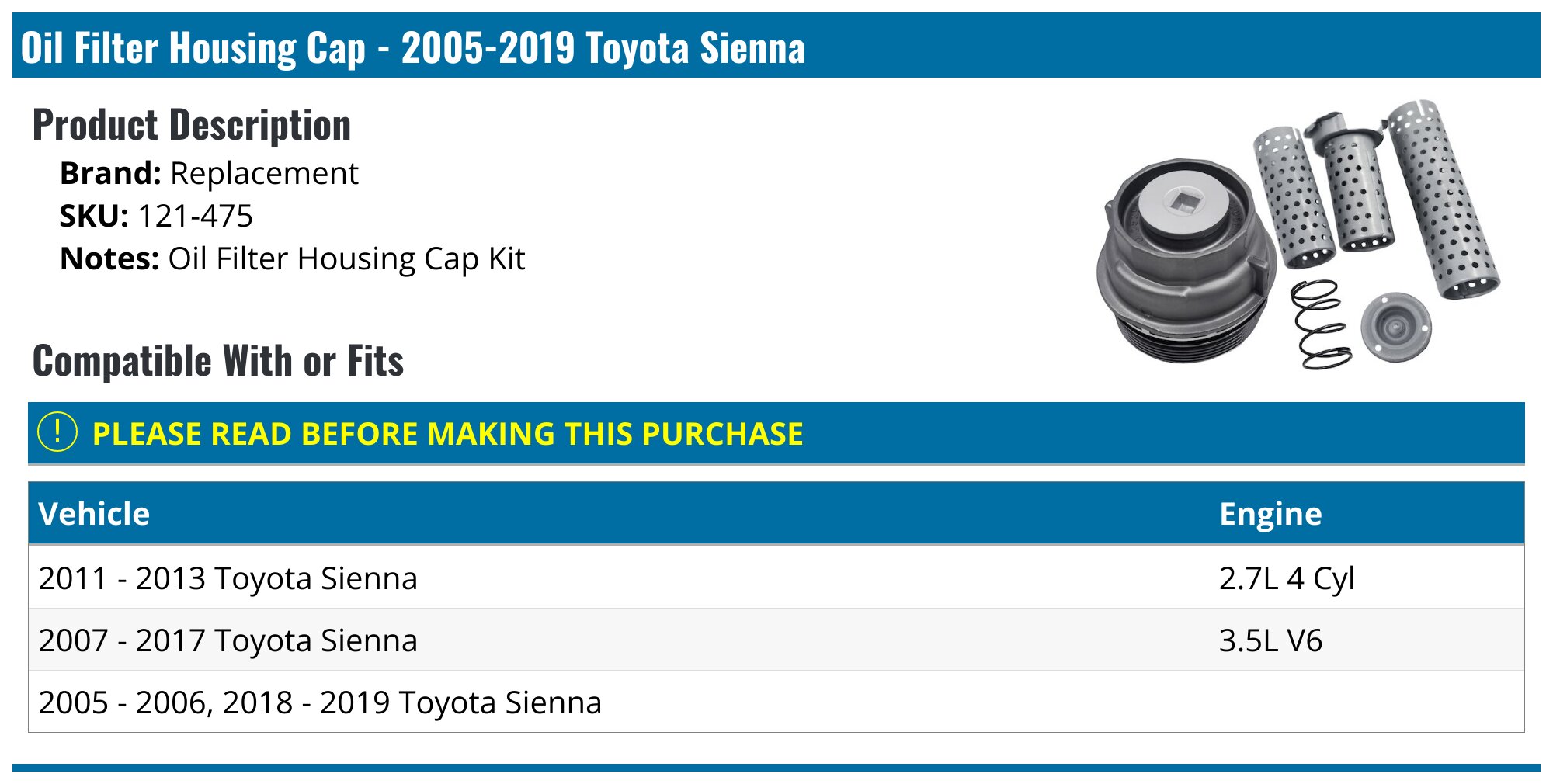 2005 2019 Toyota Sienna Oil Filter Housing Cap Replacement 121 475 