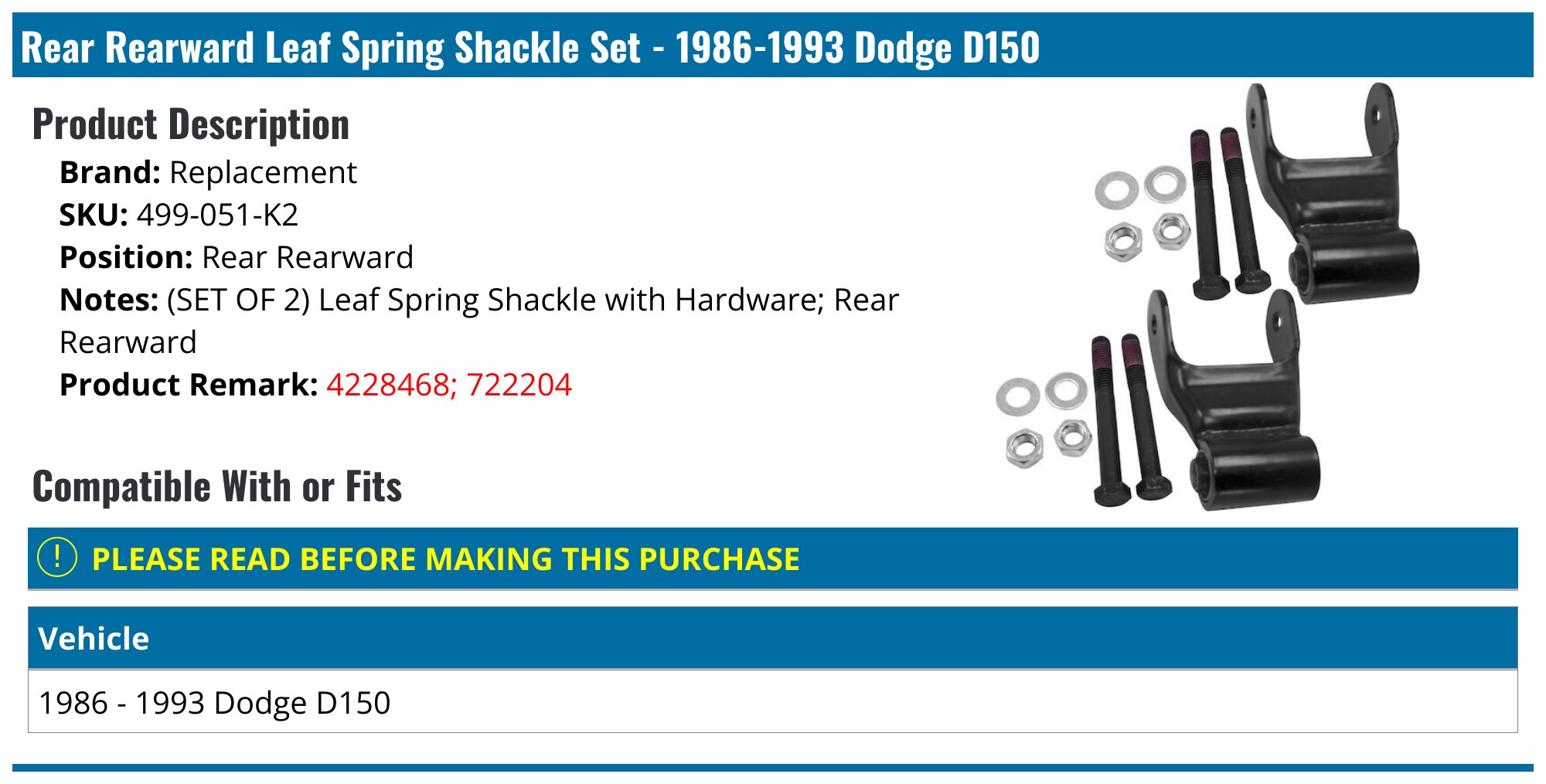 1986-1993 Dodge D150 Leaf Spring Shackle - Replacement 499-051-K2 ...