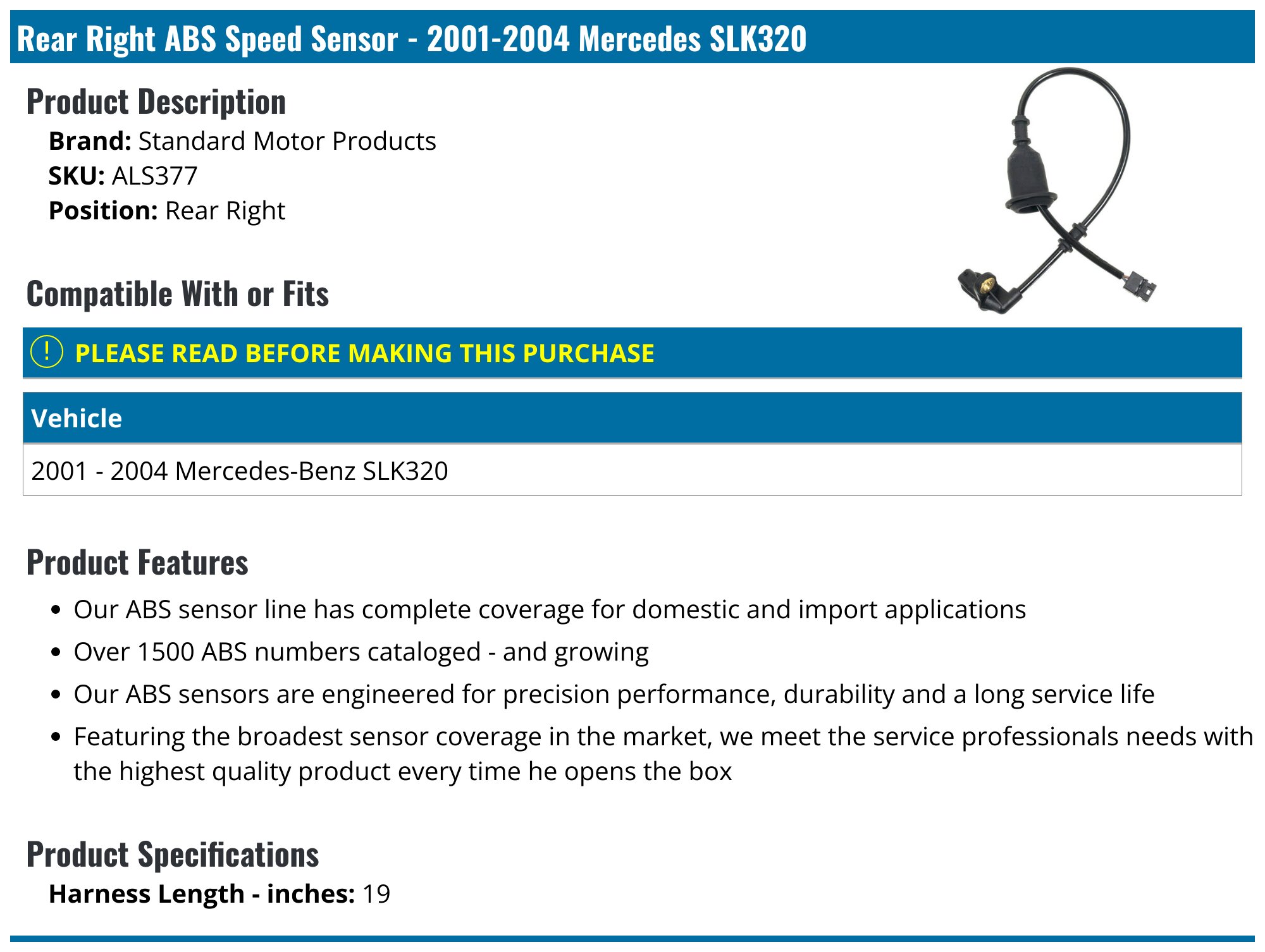 Front & Rear ABS Wheel Speed Sensor Set For Mercedes-Benz SLK230 (2001-2004), SLK320, SLK32 AMG – Direct Replacement