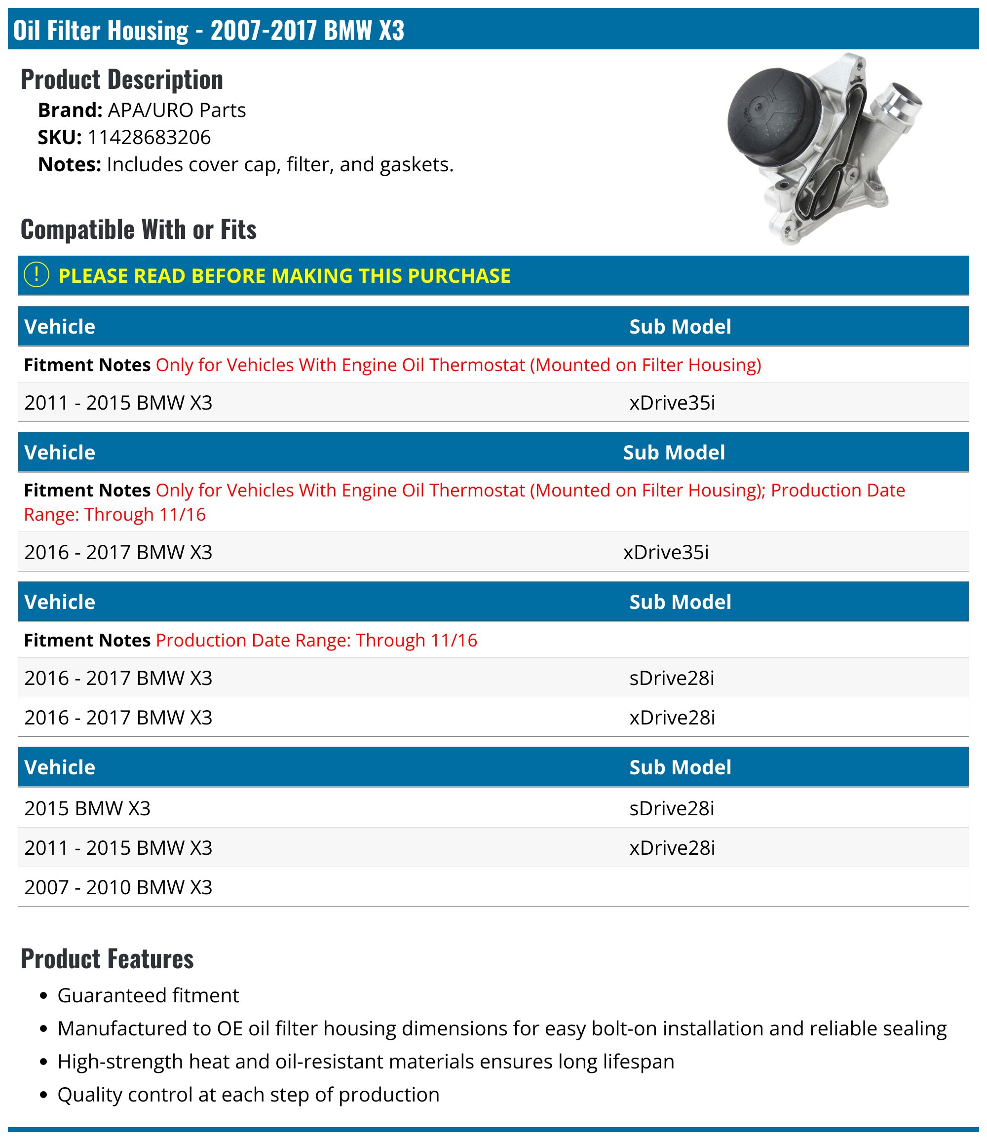 2007-2017 BMW X3 Oil Filter Housing - APA/URO Parts 11428683206 ...
