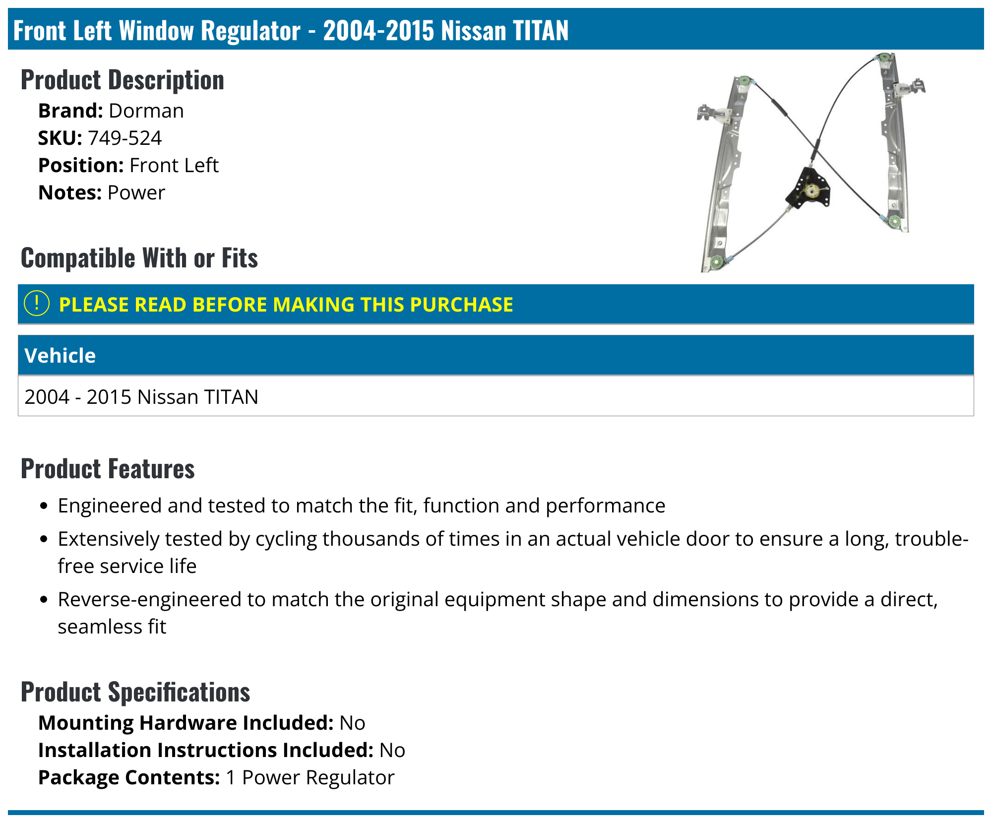 20042015 Nissan Titan Window Regulator Dorman 749524 Front Left