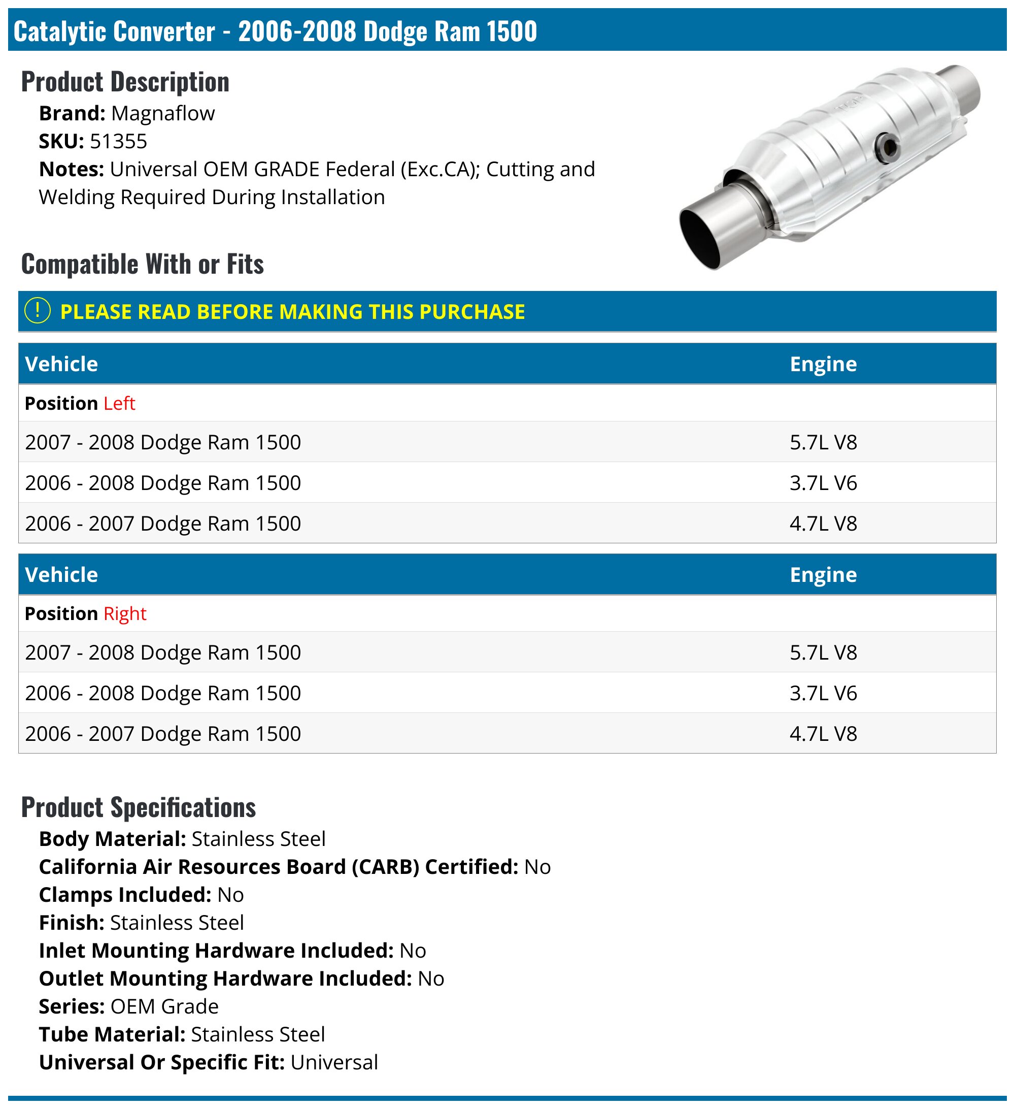 20062008 Dodge Ram 1500 Catalytic Converter Magnaflow 51355 Left