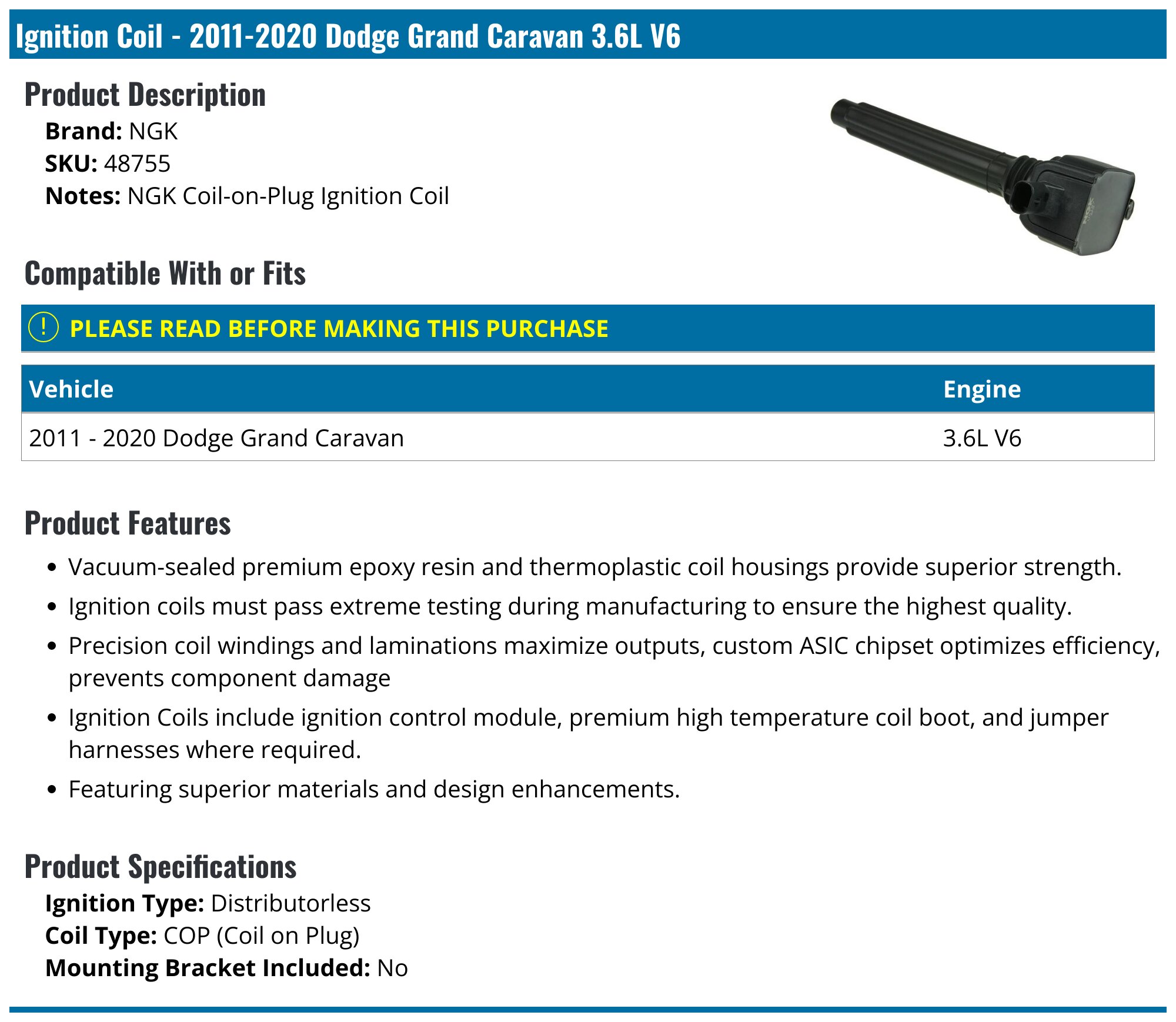 GT Performance Ignition Coil For Town & Country, Caravan, Wrangler V6 – OEM Quality Direct Fit (56032520AE)