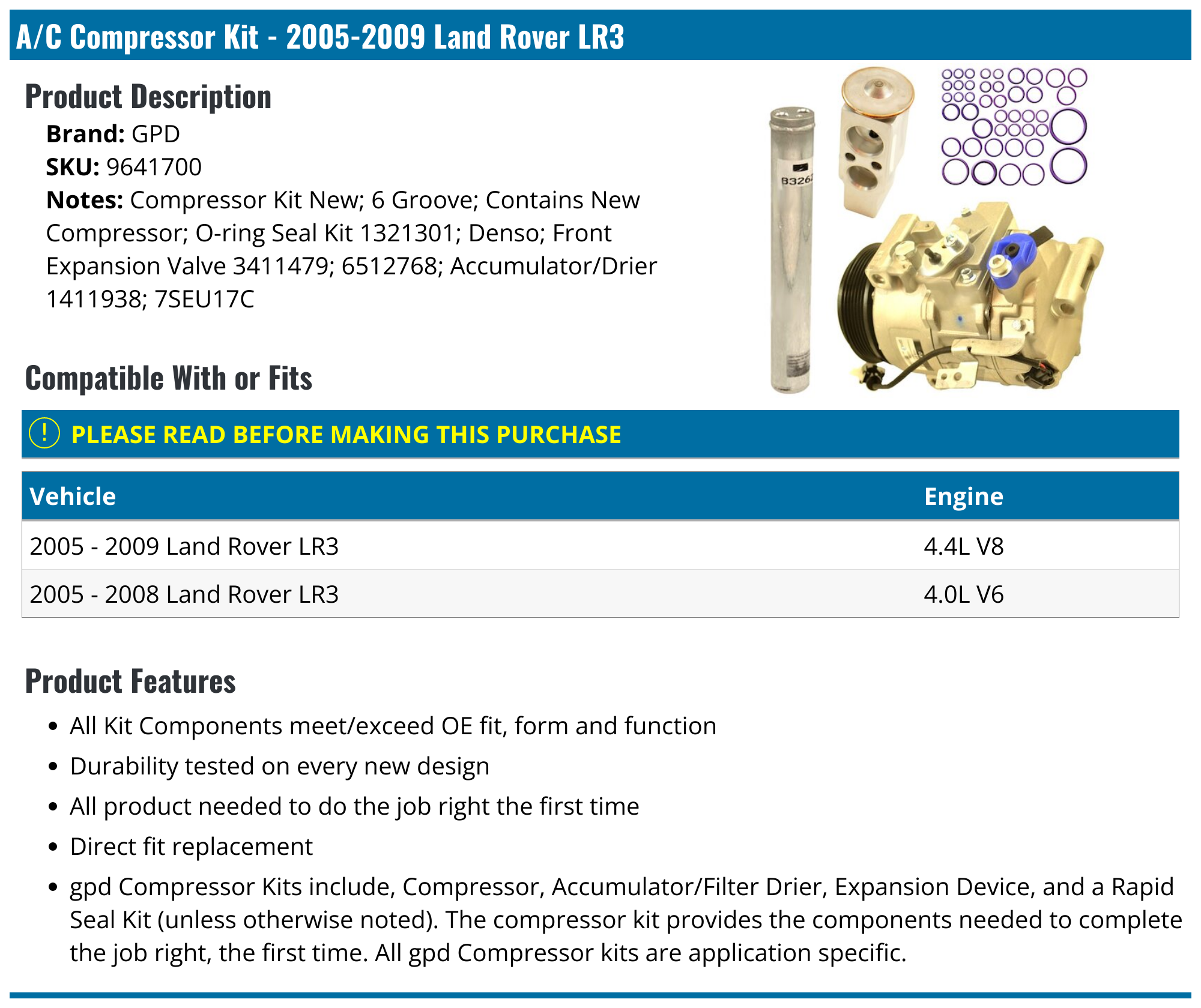 2005-2009 Land Rover LR3 A/C Compressor - GPD 9641700 - PartsGeek.com