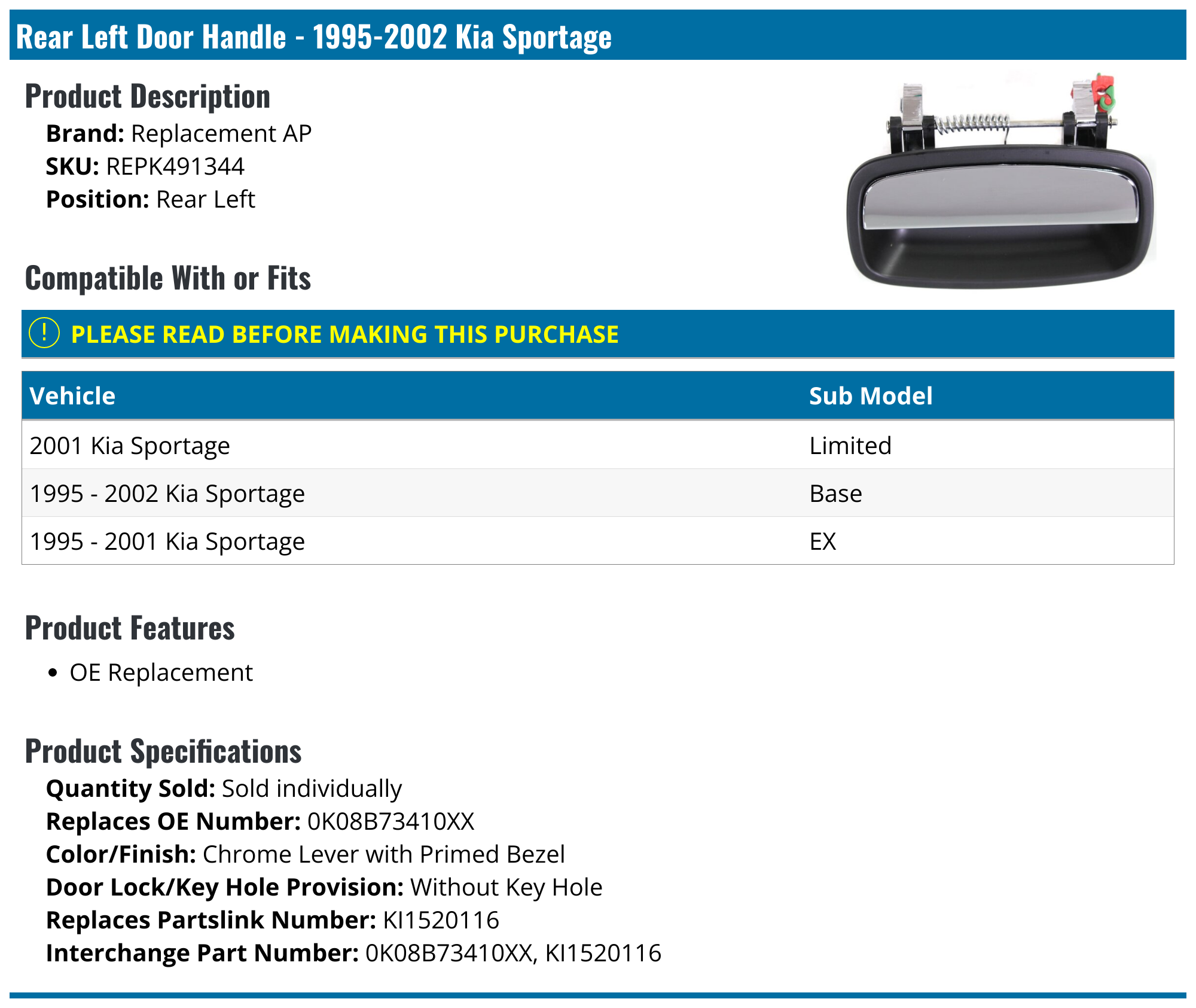 19952002 Kia Sportage Door Handle Replacement AP REPK491344 Rear