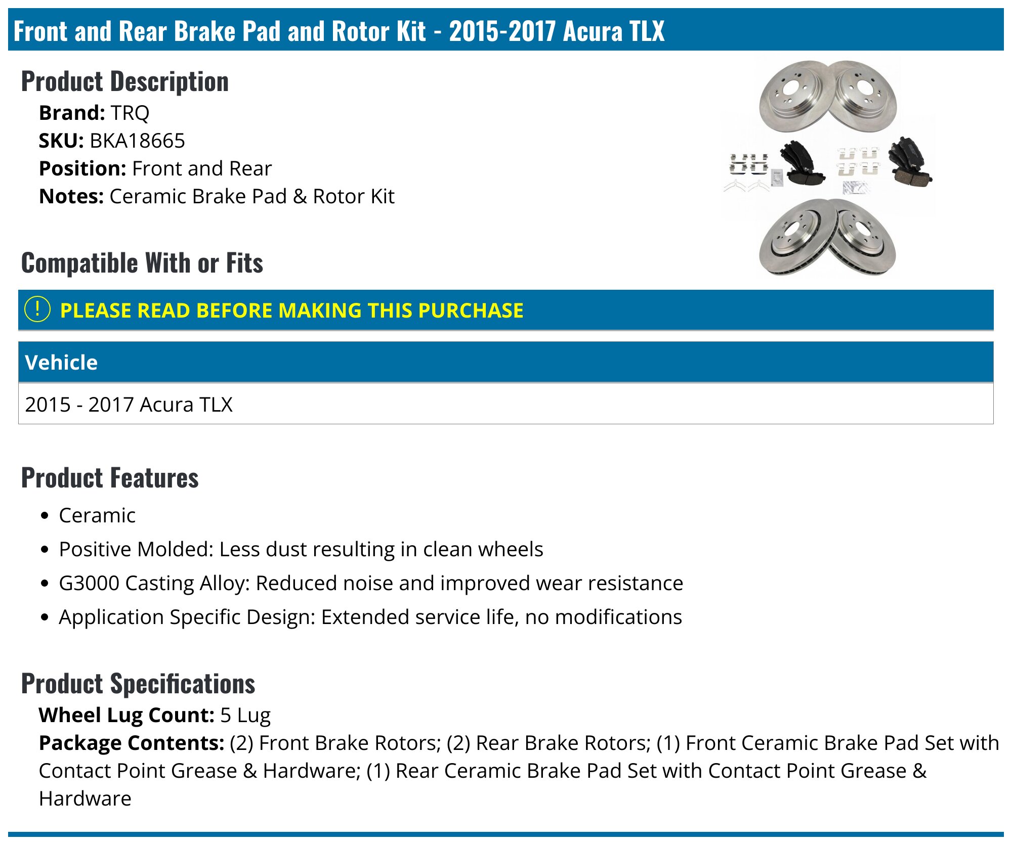 Detroit Axle Brake Kit: 10pc Front & Rear Ceramic Pads And Rotors For Acura TLX 2015-2020