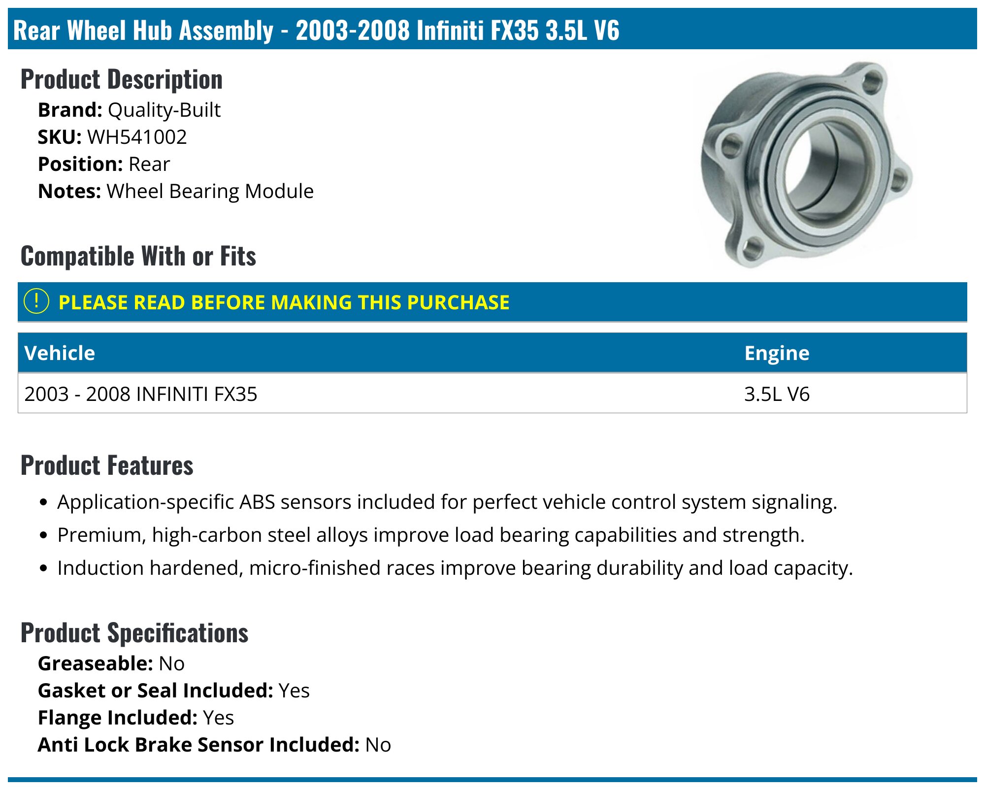 Rear Wheel Hub Bearing Assembly – For Infiniti FX35 2003-2008, Left Or Right, Anytek 950-008 / NT950008
