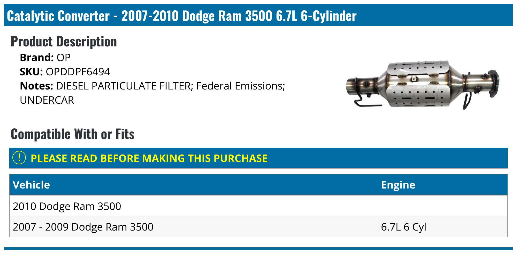 20072010 Dodge Ram 3500 Catalytic Converter OP OPDDPF6494